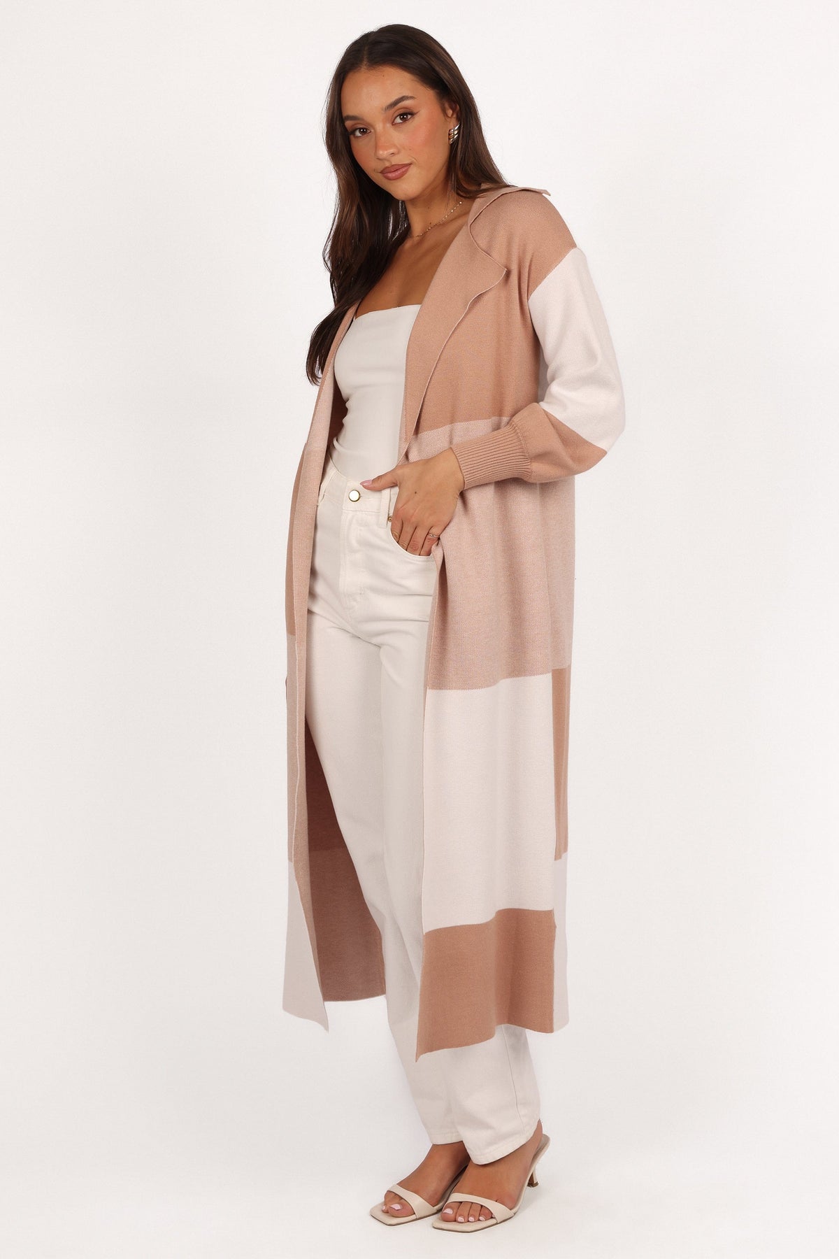 Kingston Large Check Long Cardigan in Beige Check – view 3 of 7