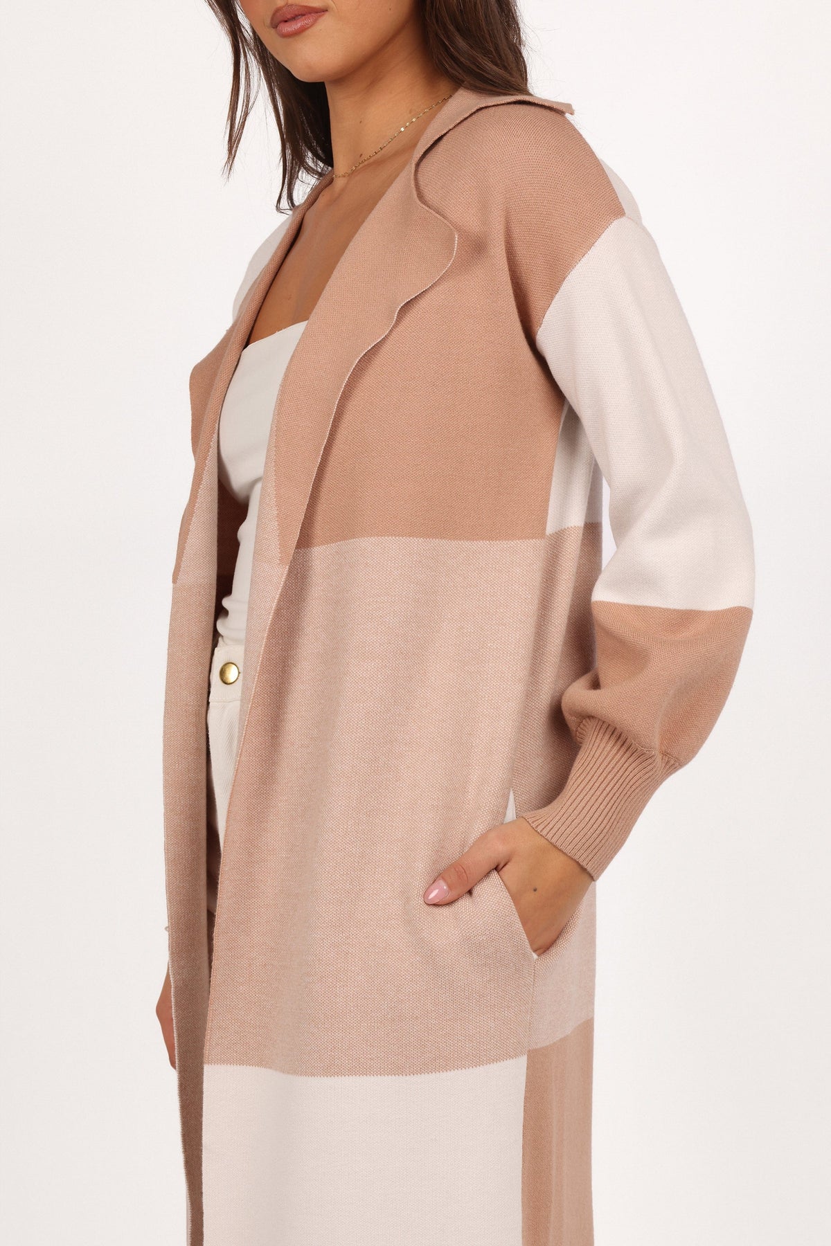 Kingston Large Check Long Cardigan in Beige Check – view 6 of 7