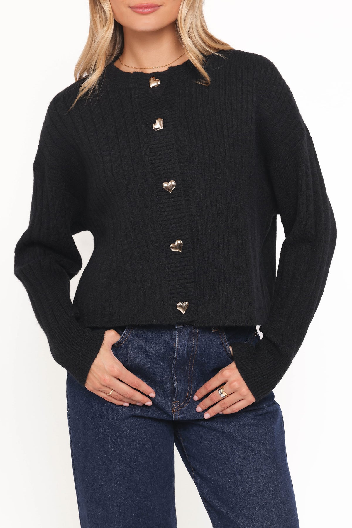 Loulani Heart Button Cardigan in Black – view 2 of 6