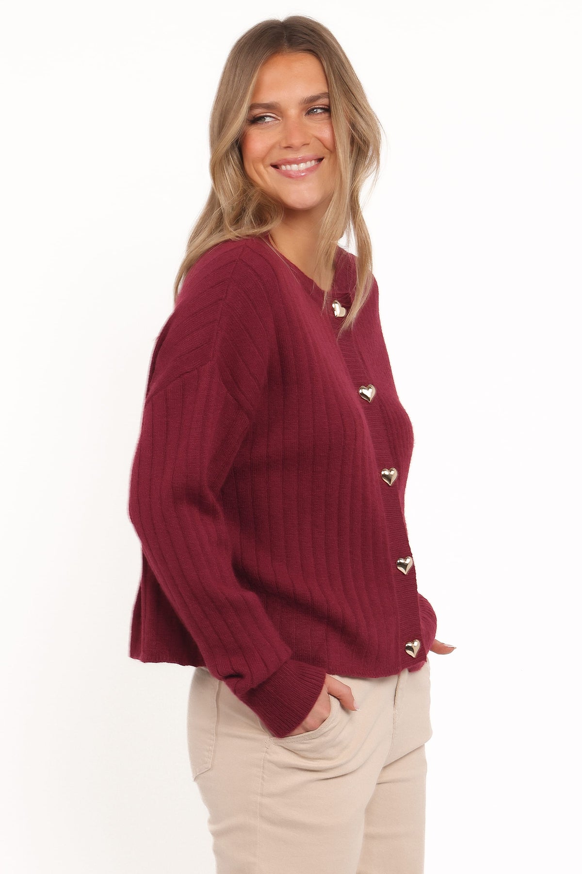 Loulani Heart Button Cardigan in Cherry – view 3 of 6