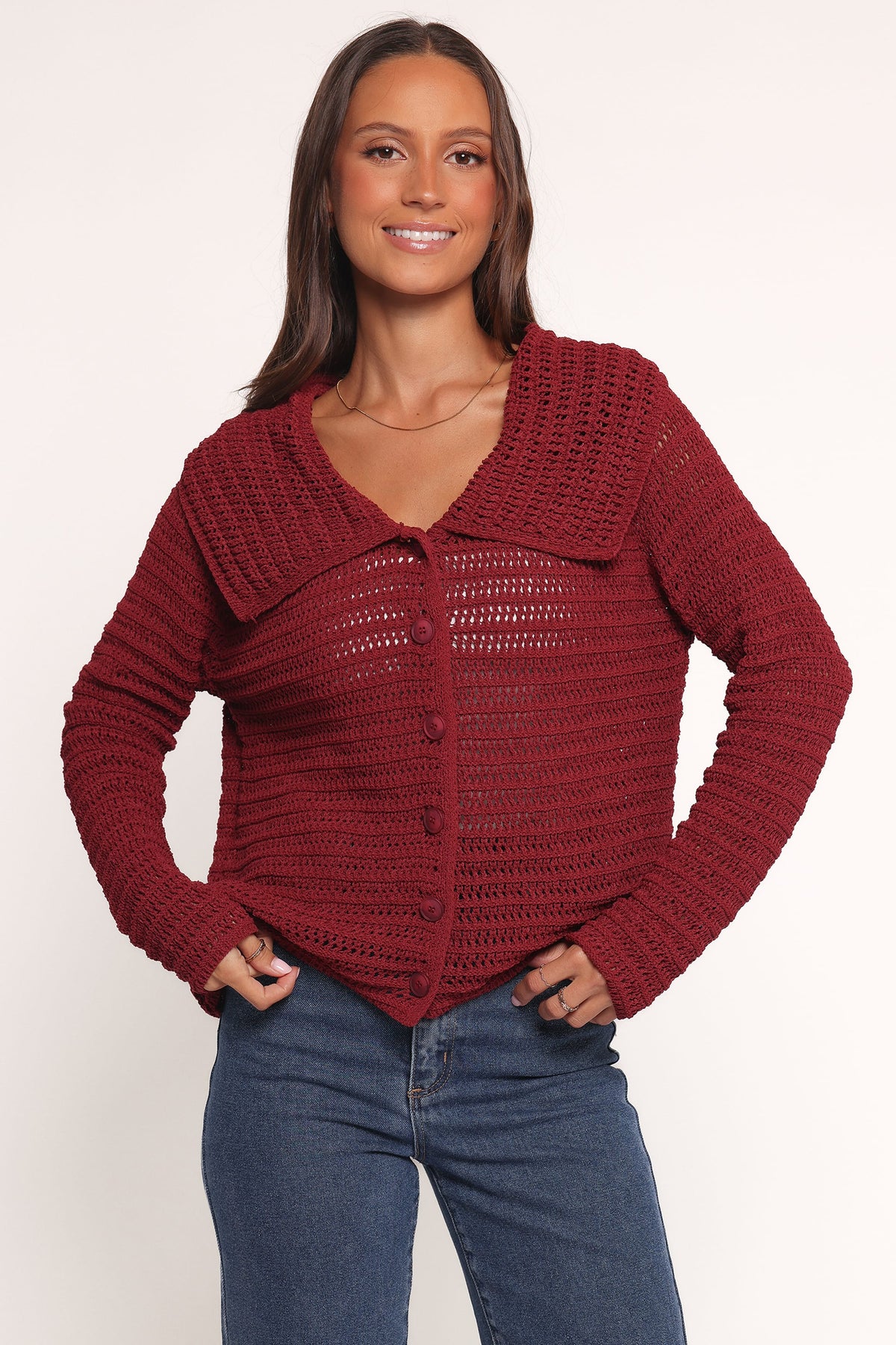 Lyra Large Collar Cardigan in Burgundy – view 5 of 7