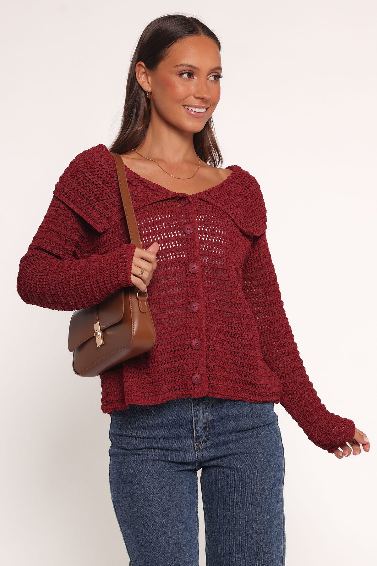 Lyra Large Collar Cardigan in Burgundy – view 1 of 7