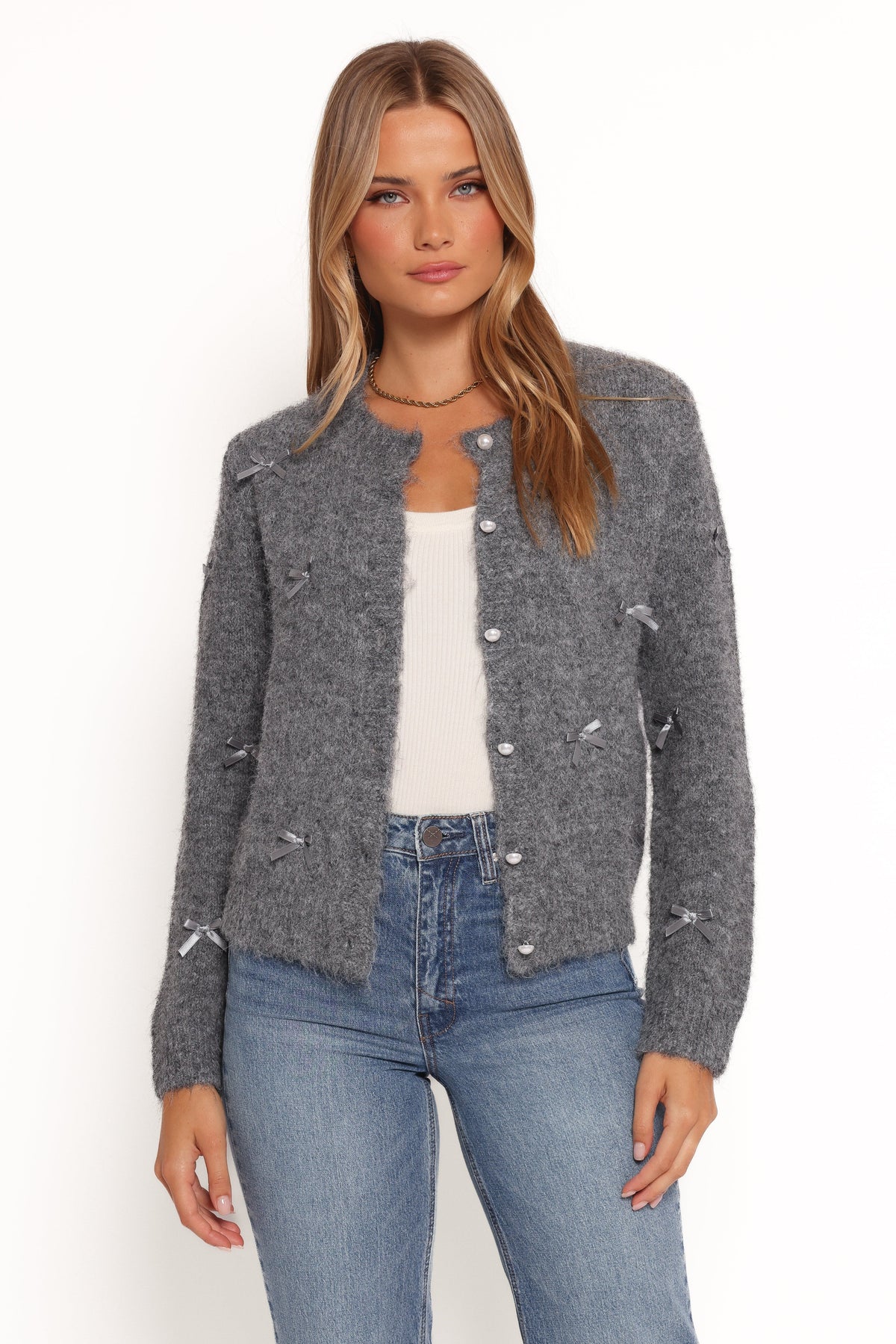 Mellie All Over Bow Button Front Cardigan in Grey – view 3 of 10