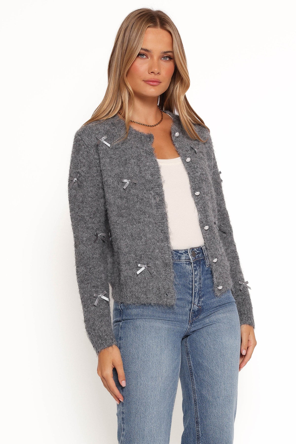 Mellie All Over Bow Button Front Cardigan in Grey – view 8 of 10