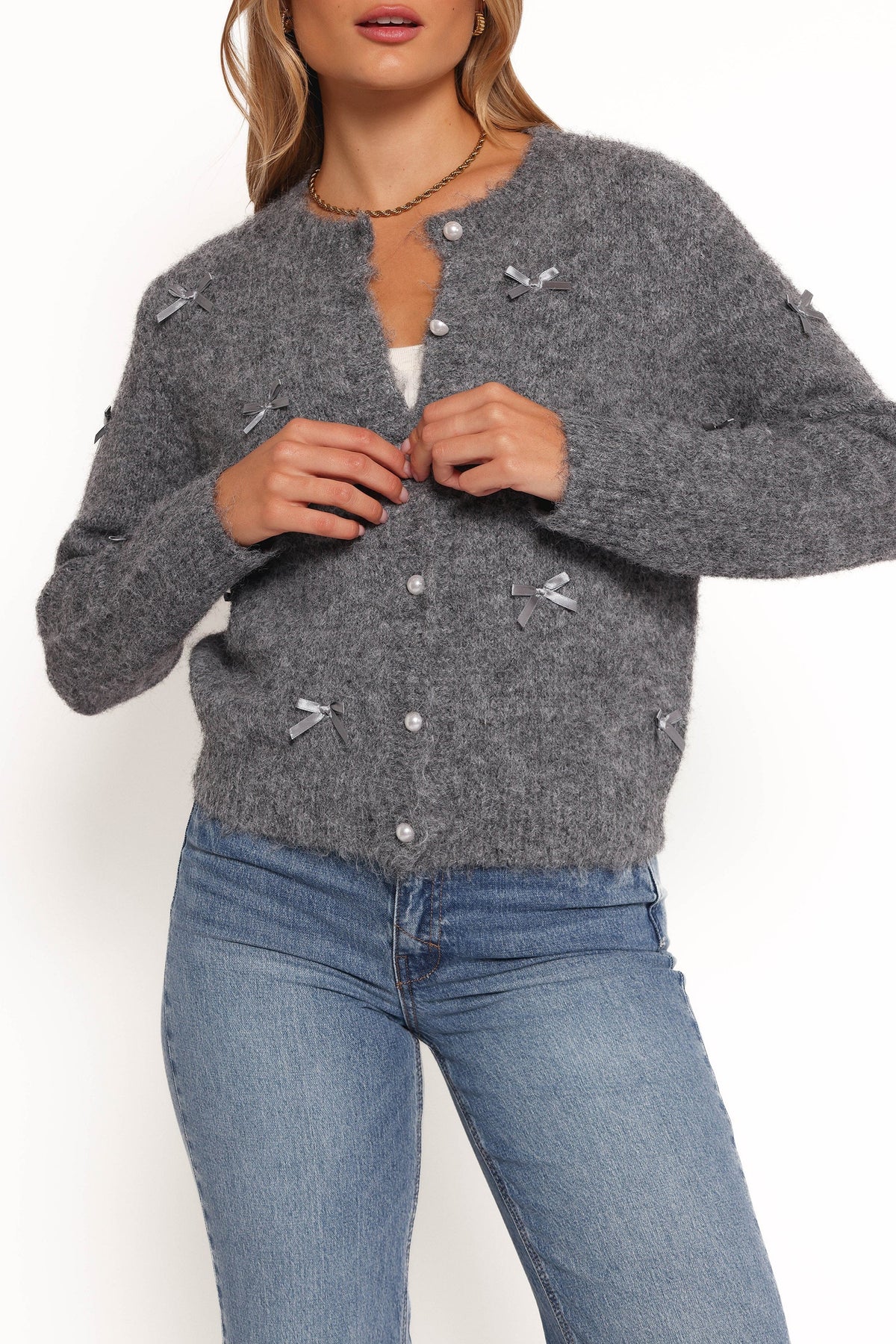 Mellie All Over Bow Button Front Cardigan in Grey – view 9 of 10