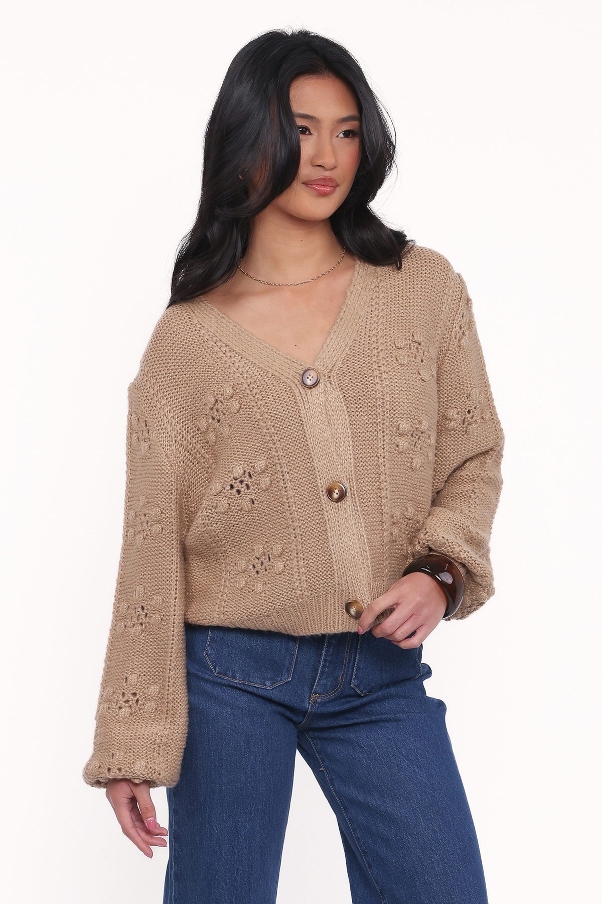 Melody Textured Button Up Cardigan in Mushroom – view 3 of 6