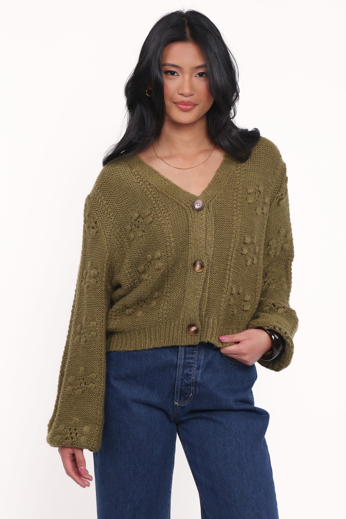 Melody Textured Button Up Cardigan in Olive – view 1 of 6
