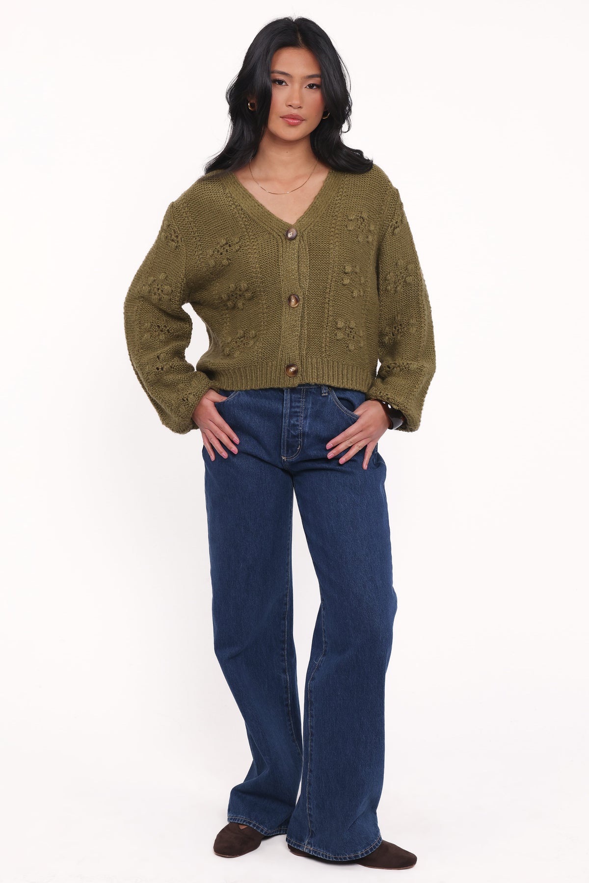 Melody Textured Button Up Cardigan in Olive – view 5 of 6