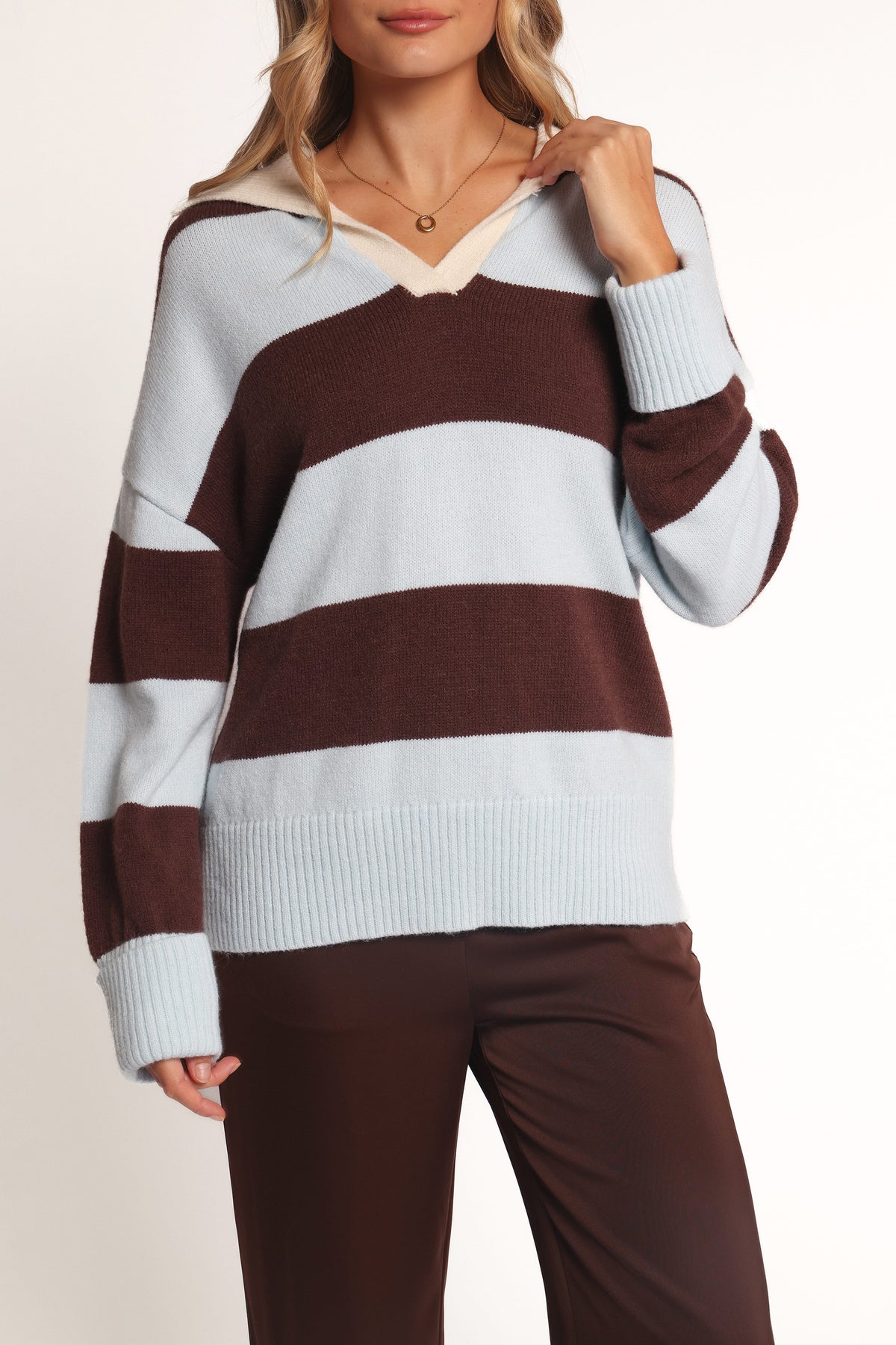 Mikaela Rugby Stripe Knit Sweater in Brown/Blue Stripe – view 2 of 6