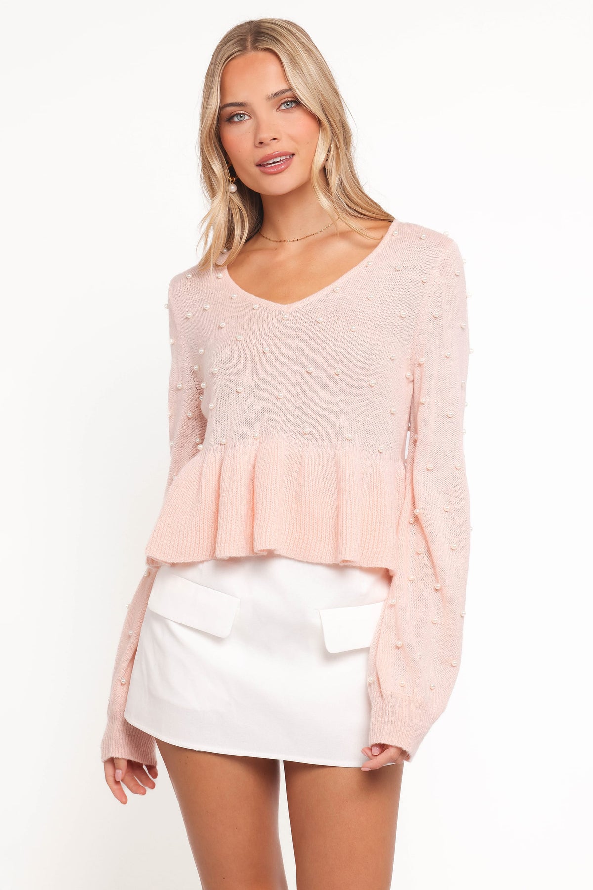 Molly Pearl Peplum Knit Sweater in Light Pink – view 1 of 6