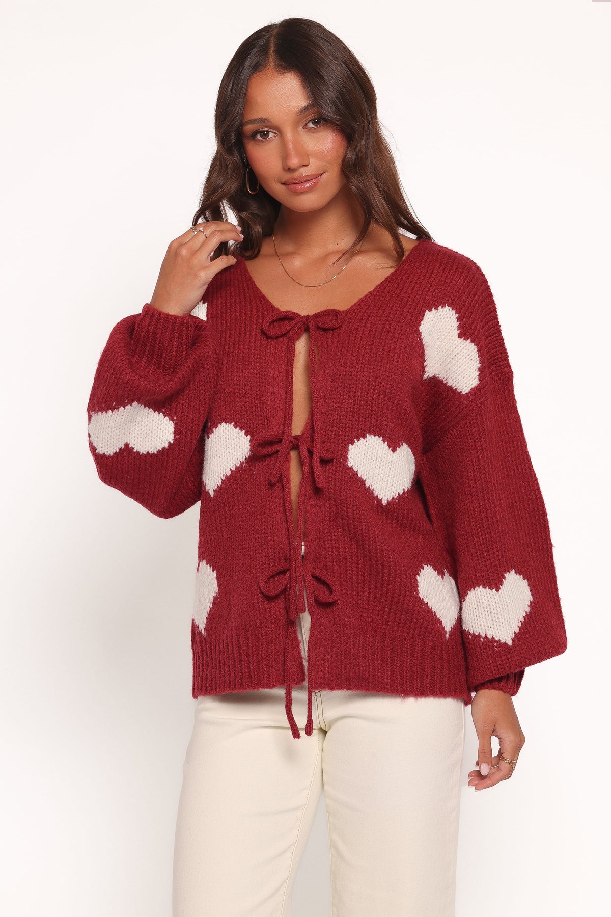 Nadine All Over Heart Tie Front Cardigan in Wine – view 1 of 6