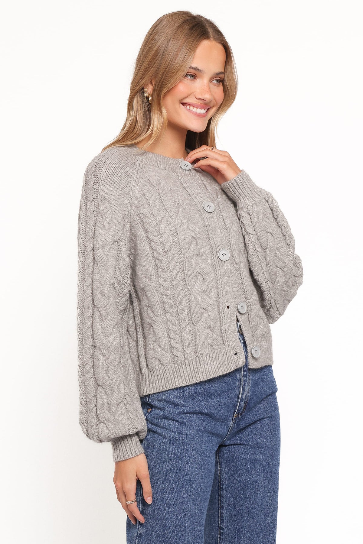 Nika Cable Knit Cardigan in Grey – view 4 of 7