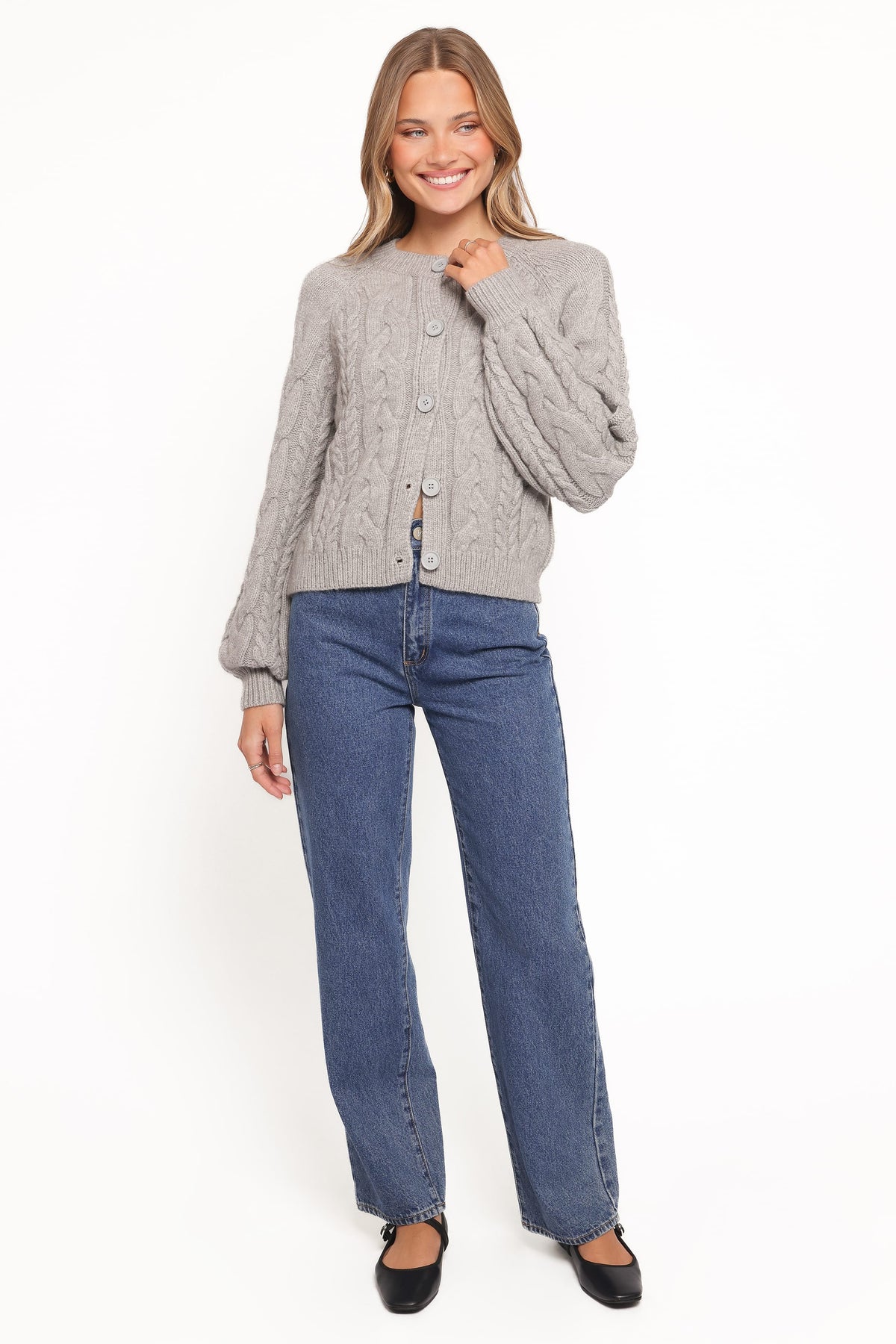 Nika Cable Knit Cardigan in Grey – view 3 of 7