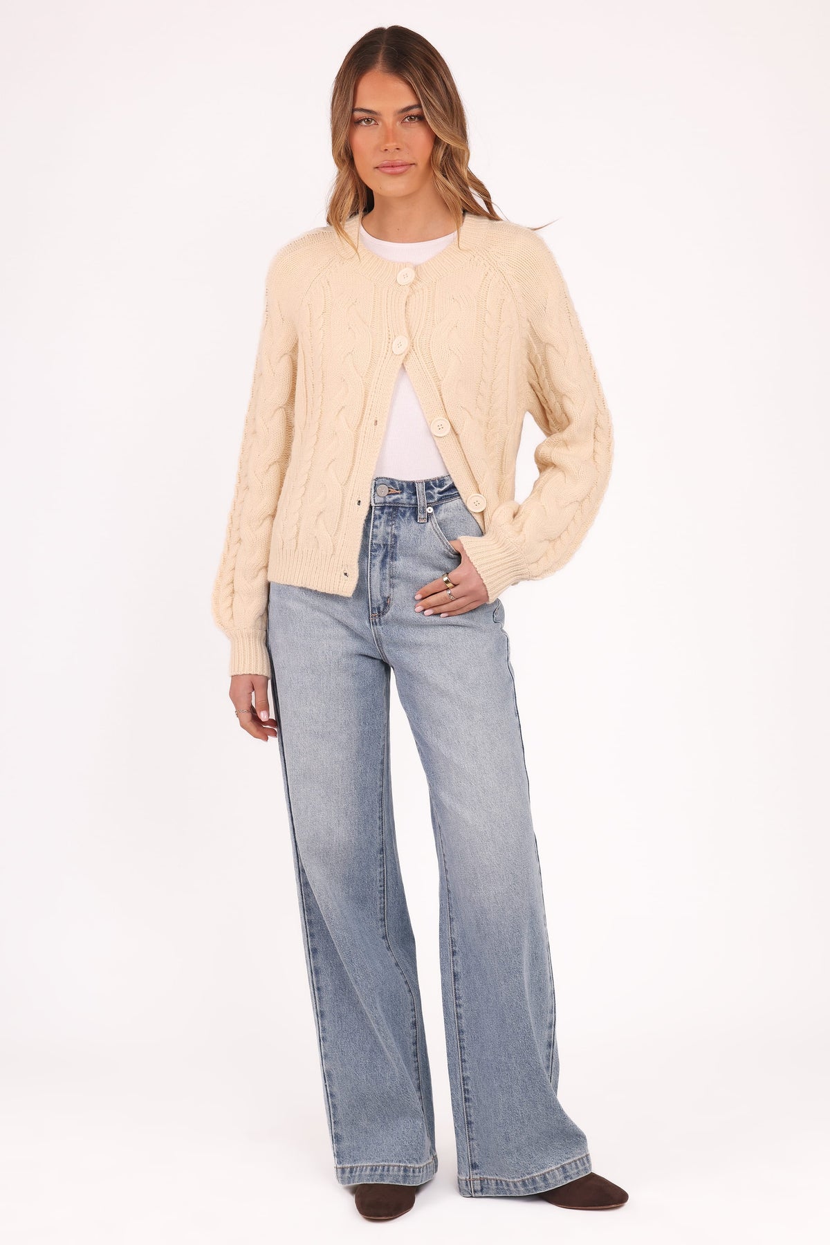 Nika Cable Knit Cardigan in Taupe – view 6 of 8