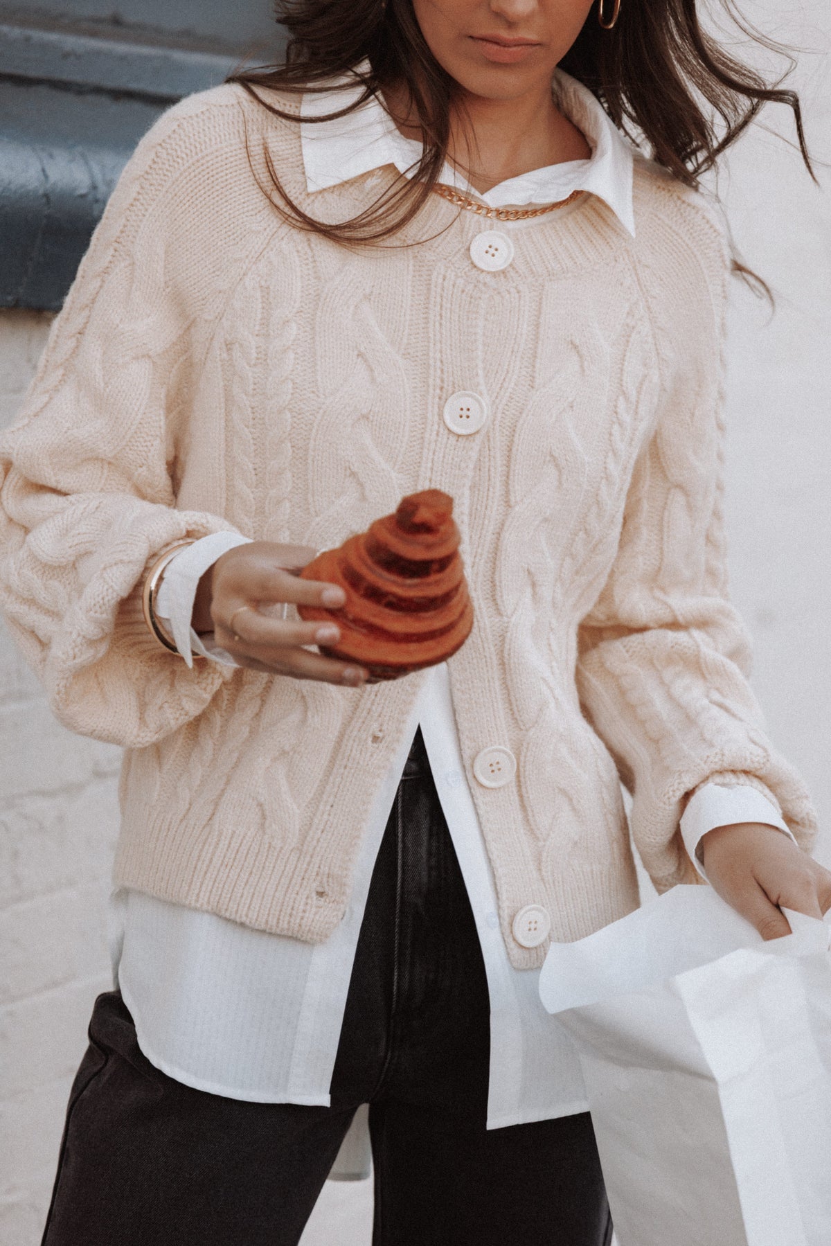 Nika Cable Knit Cardigan in Taupe – view 1 of 8