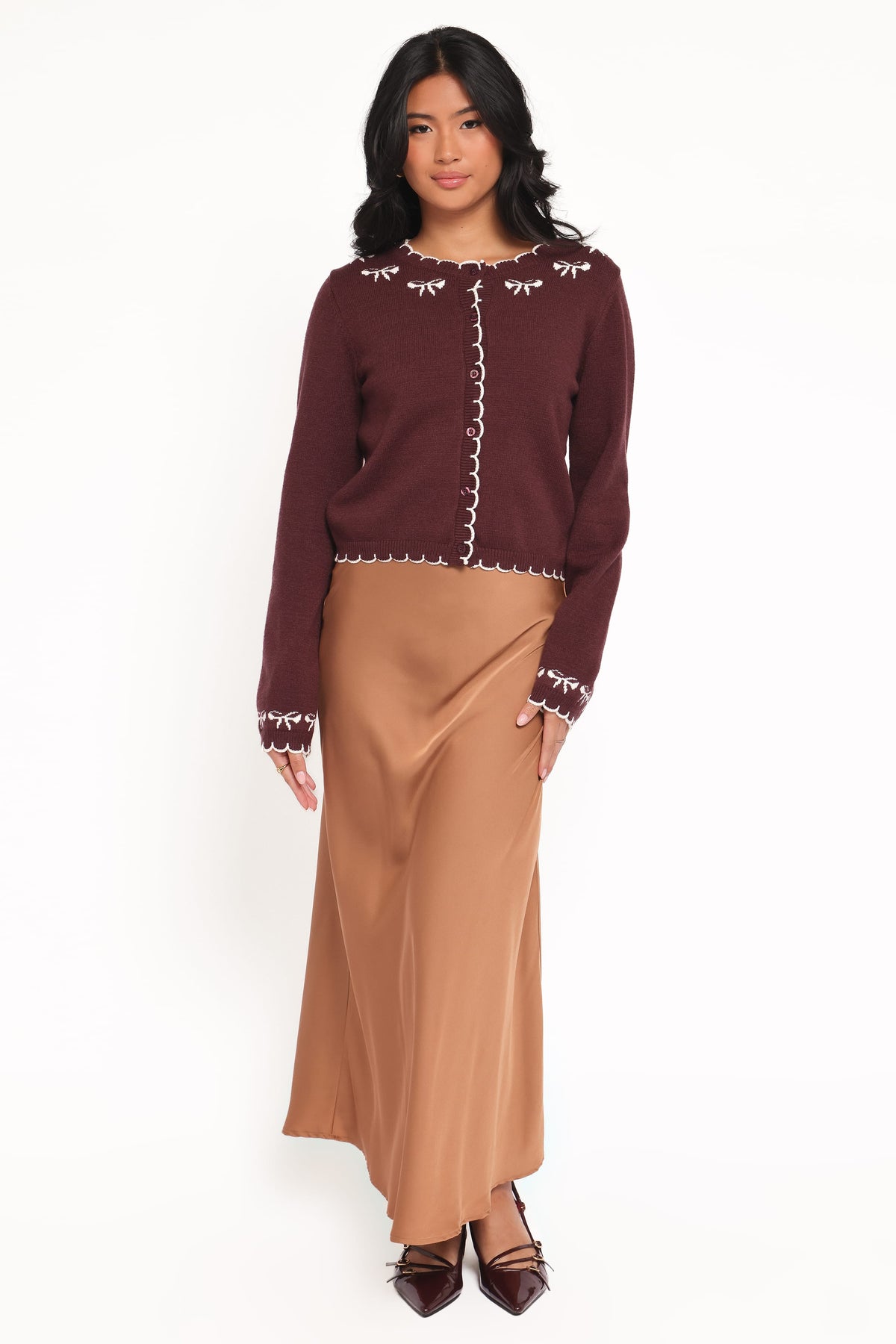 Payton Bow Scallop Cardigan in Plum – view 1 of 6