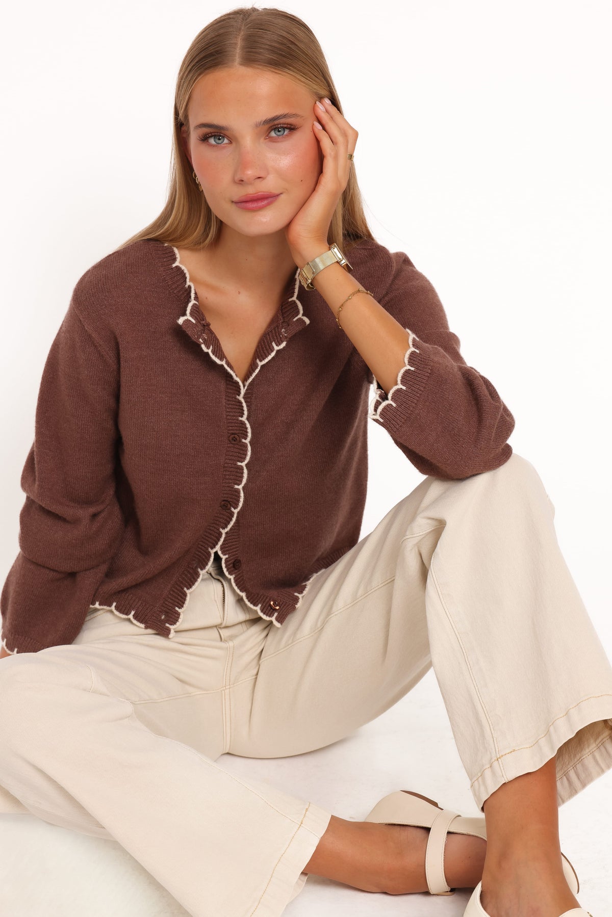 Payton Scallop Cardigan in Brown – view 1 of 7