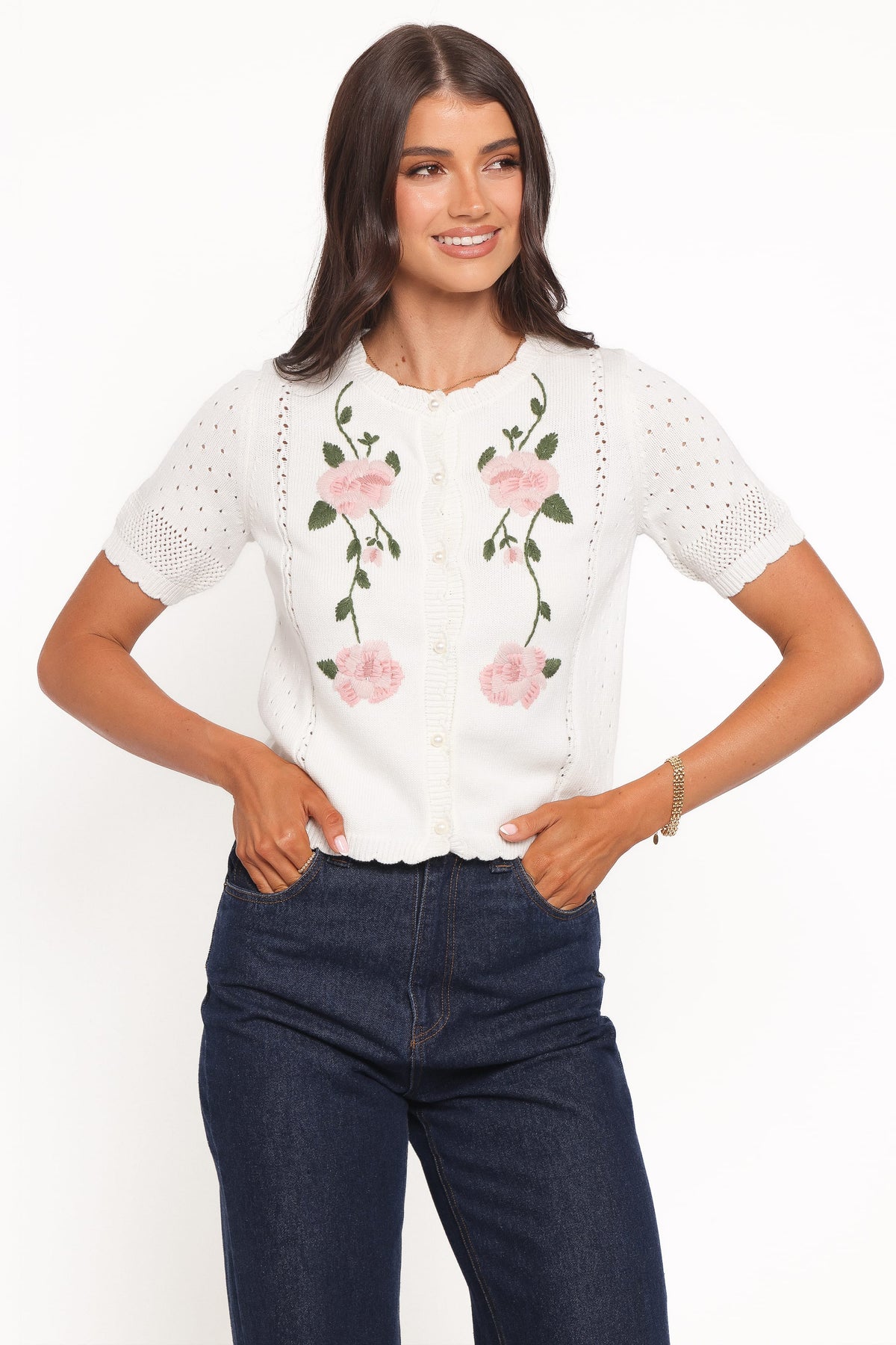 Rossi Floral Button Up Cardigan in White/Pink – view 1 of 6