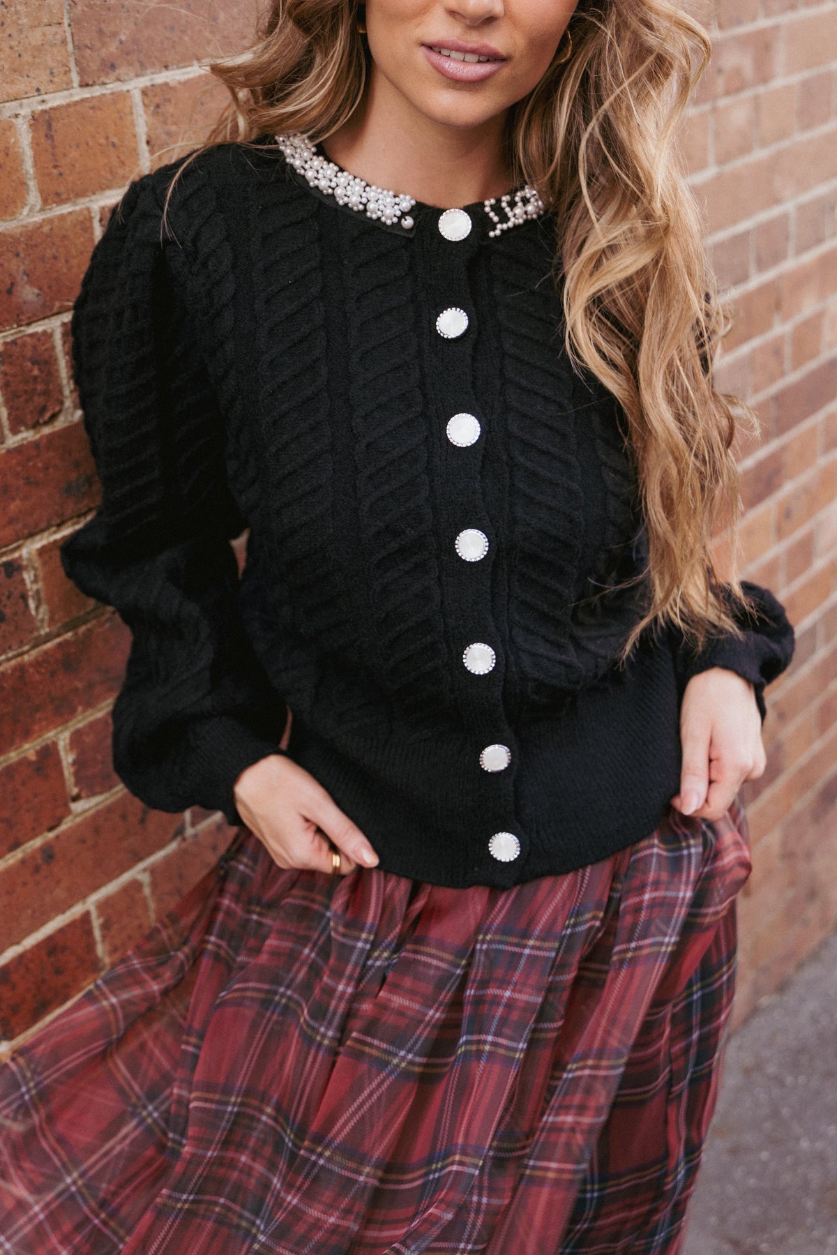 Sheena Rhinestone Collar Holiday Cardigan in Black – view 1 of 8
