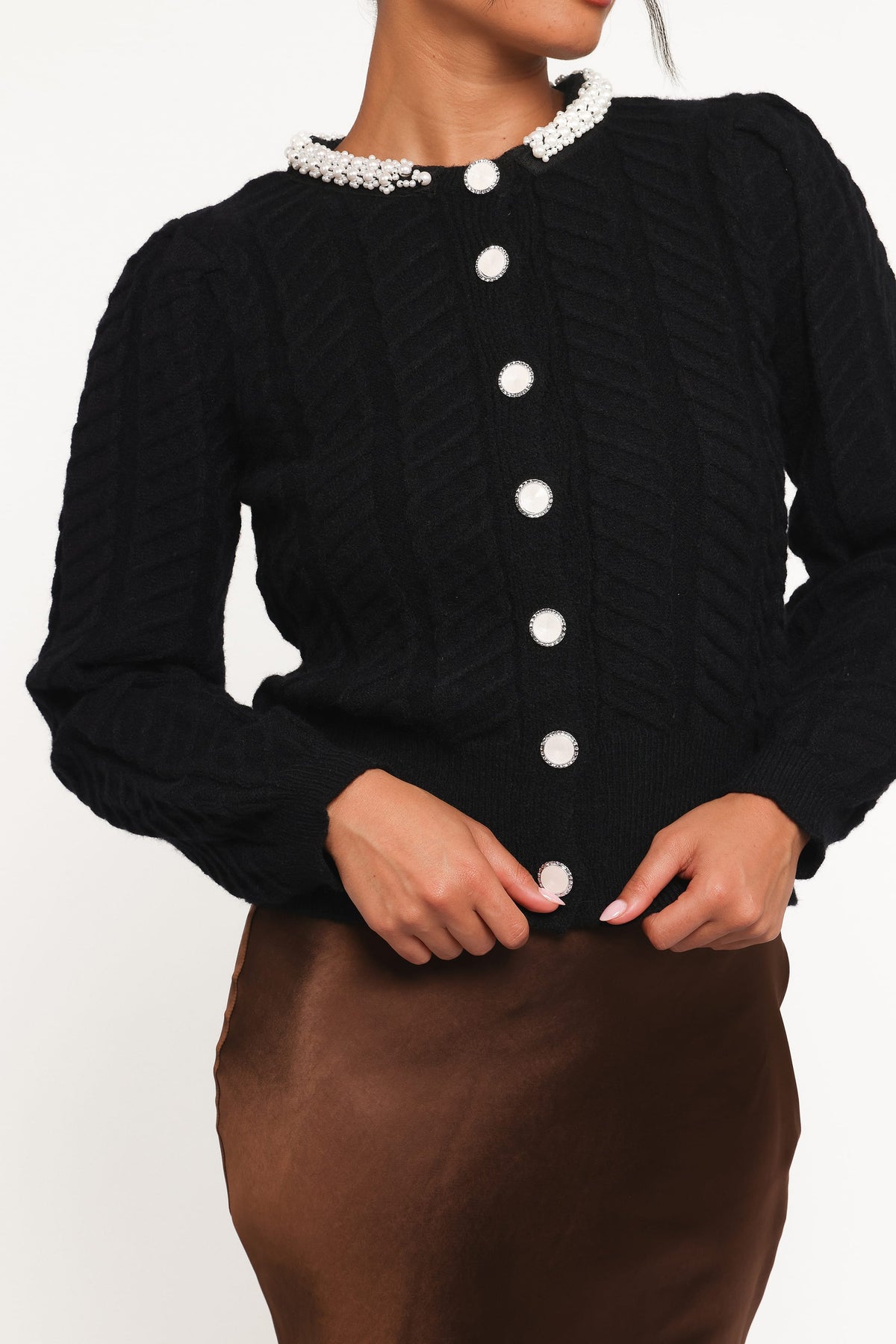 Sheena Rhinestone Collar Holiday Cardigan in Black – view 3 of 8
