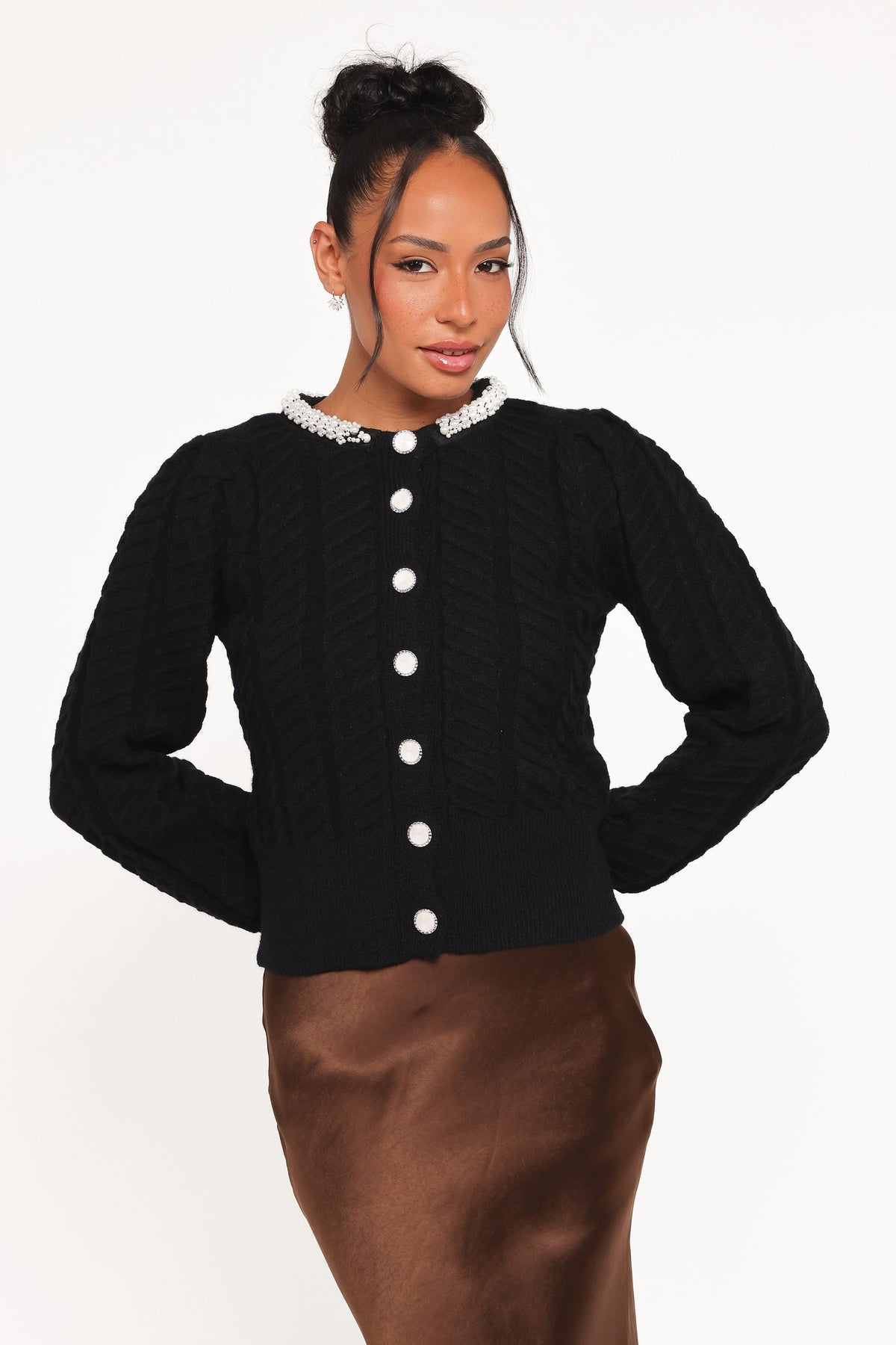 Sheena Rhinestone Collar Holiday Cardigan in Black – view 2 of 8