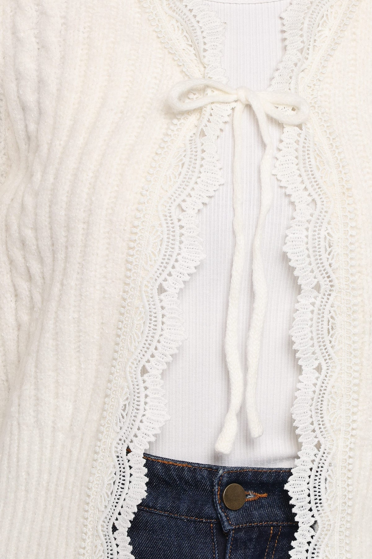 Silvie Lace Front Tie Cardigan in Cream – view 6 of 6