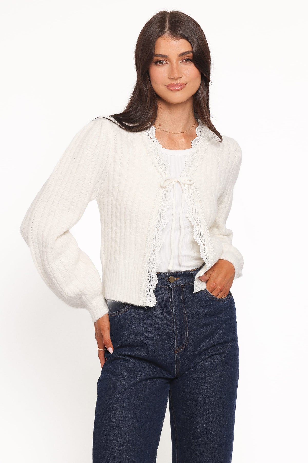 Silvie Lace Front Tie Cardigan in Cream – view 1 of 6