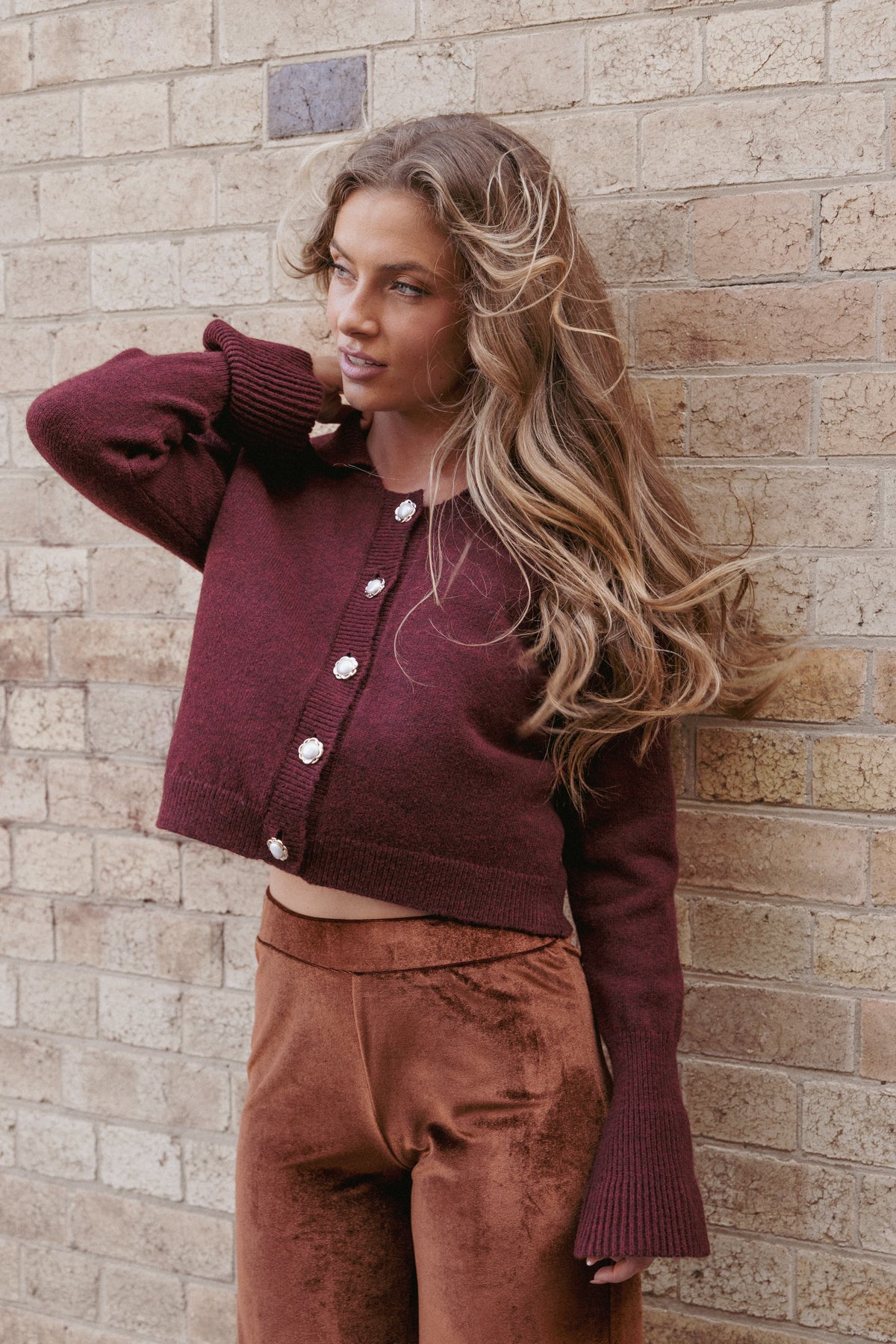Thelma Trumpet Sleeve Cardigan in Cabernet – view 1 of 8