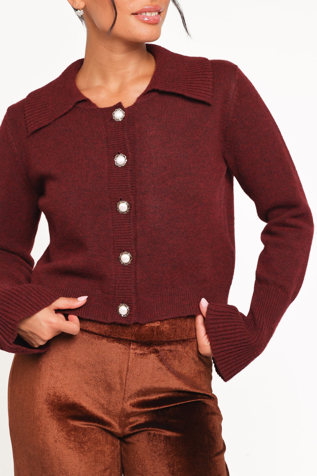 Thelma Trumpet Sleeve Cardigan in Cabernet – view 3 of 8