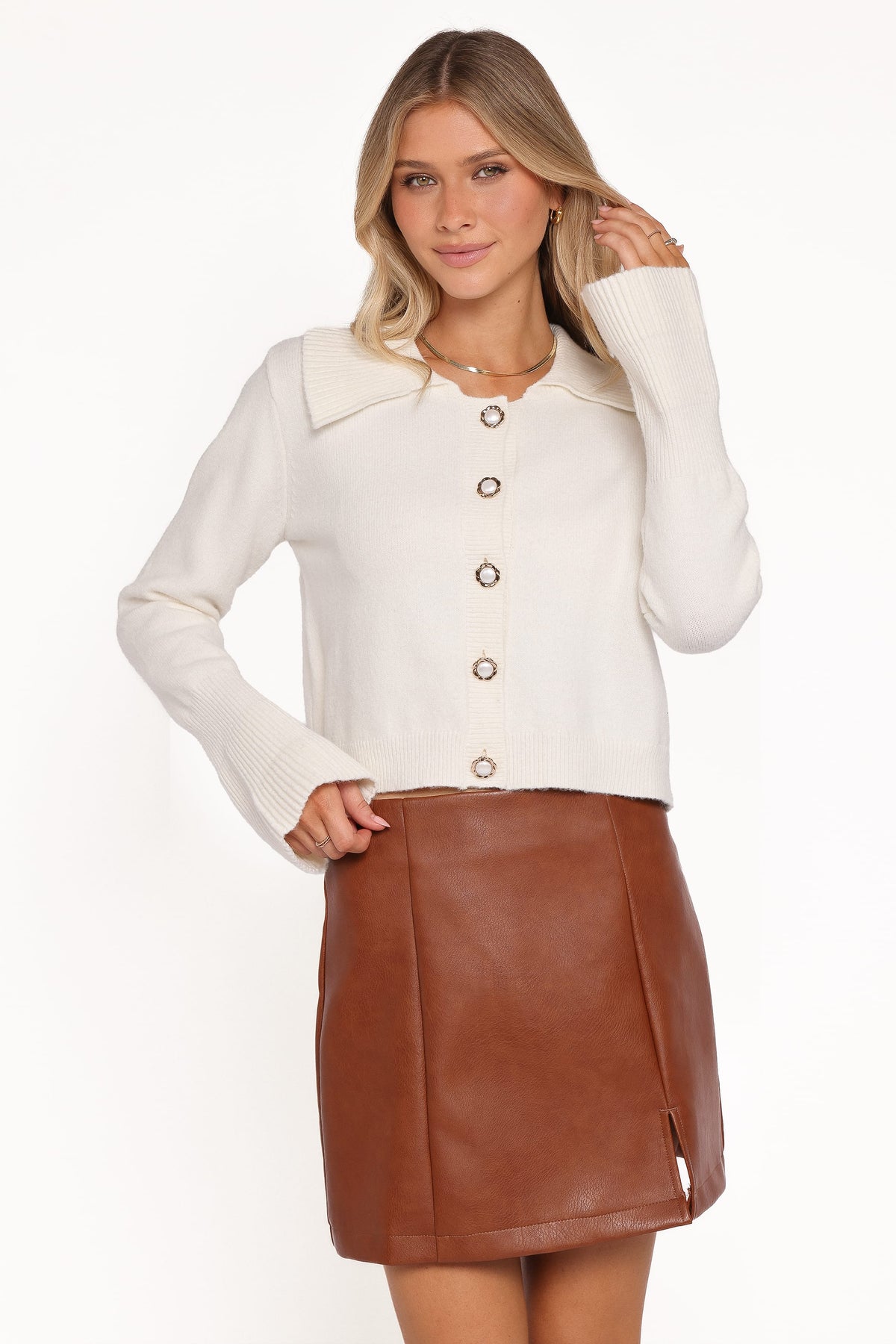 Thelma Trumpet Sleeve Cardigan in Cream – view 1 of 6