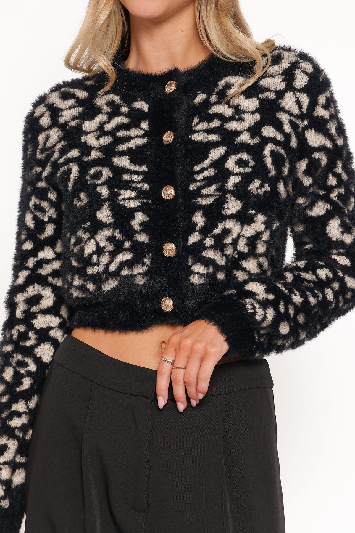 Tyra Animal Print Faux Mohair Cardigan in Black – view 2 of 6