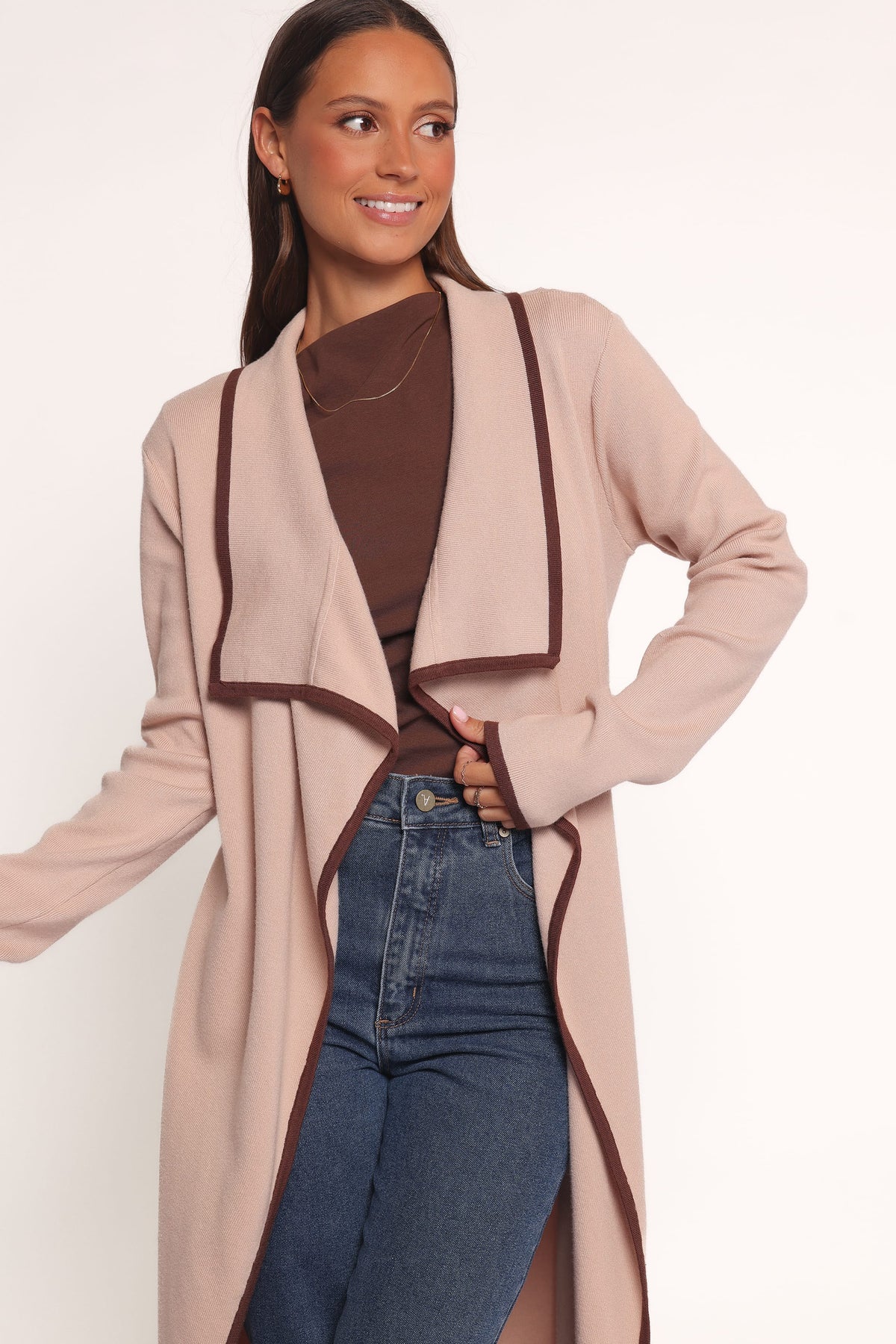 Vallis Contrast Trim Long Cardigan in Beige – view 2 of 7