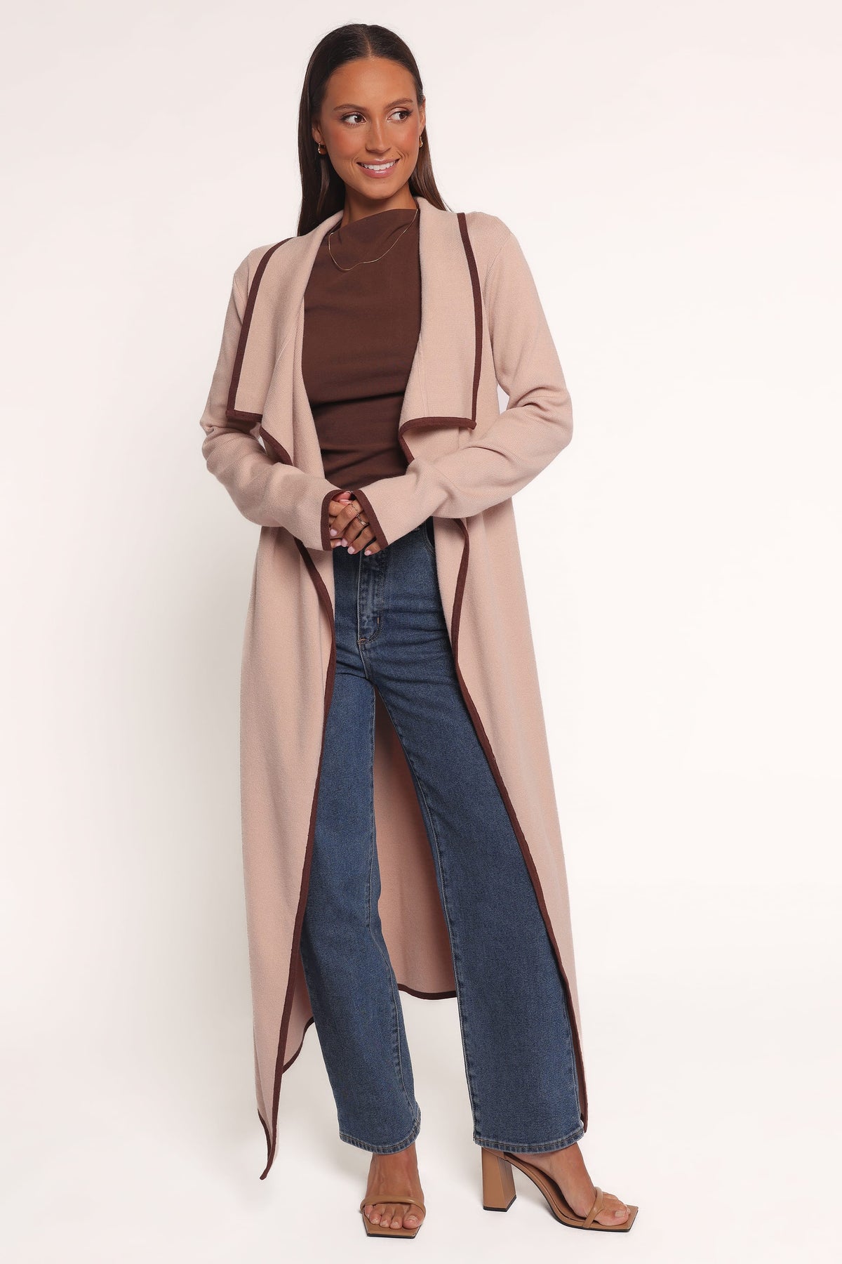 Vallis Contrast Trim Long Cardigan in Beige – view 1 of 7