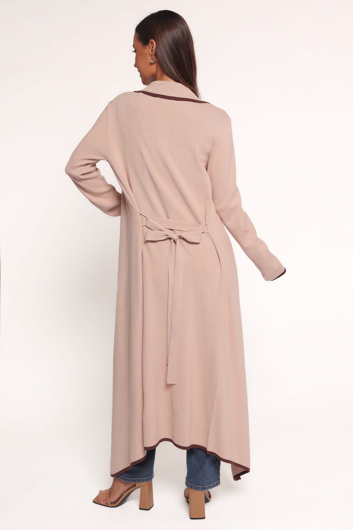 Vallis Contrast Trim Long Cardigan in Beige – view 4 of 7