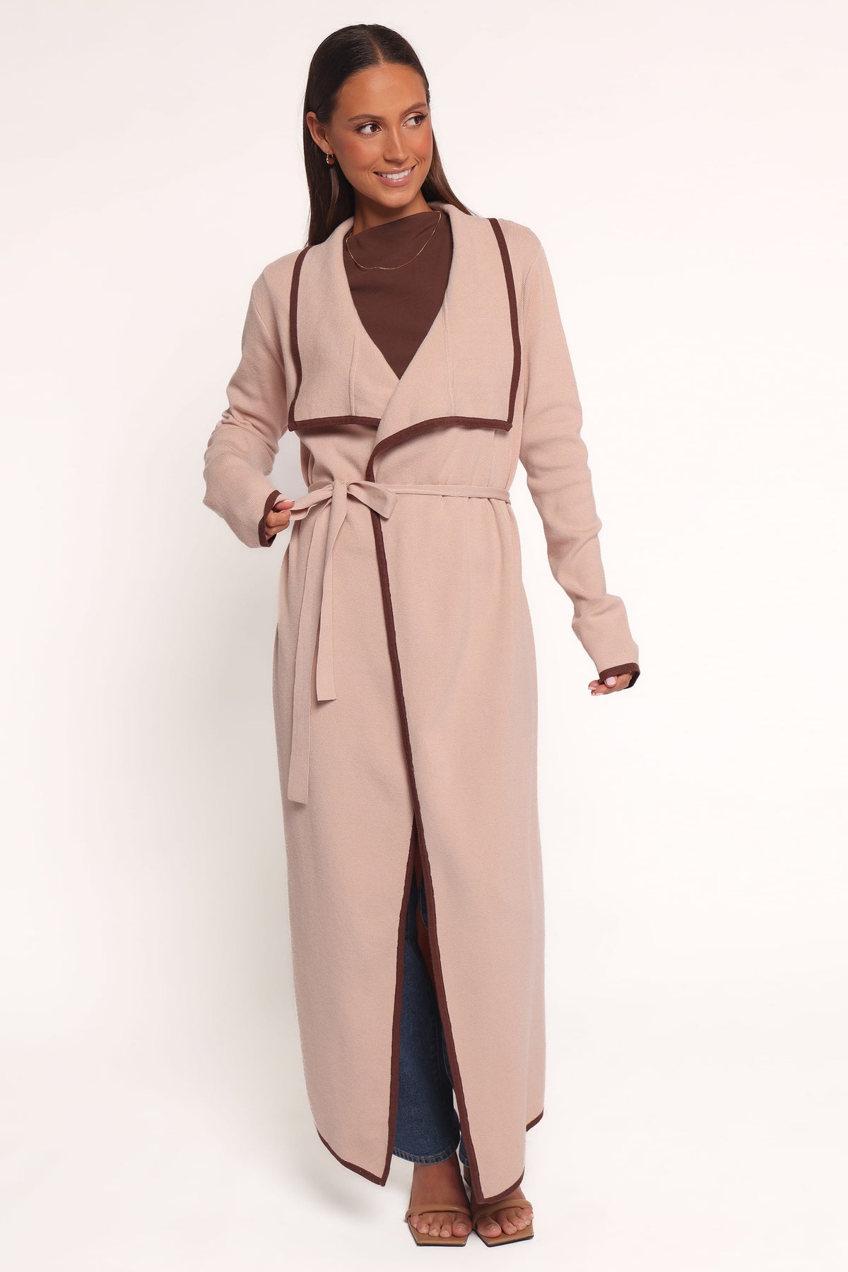 Vallis Contrast Trim Long Cardigan in Beige – view 6 of 7