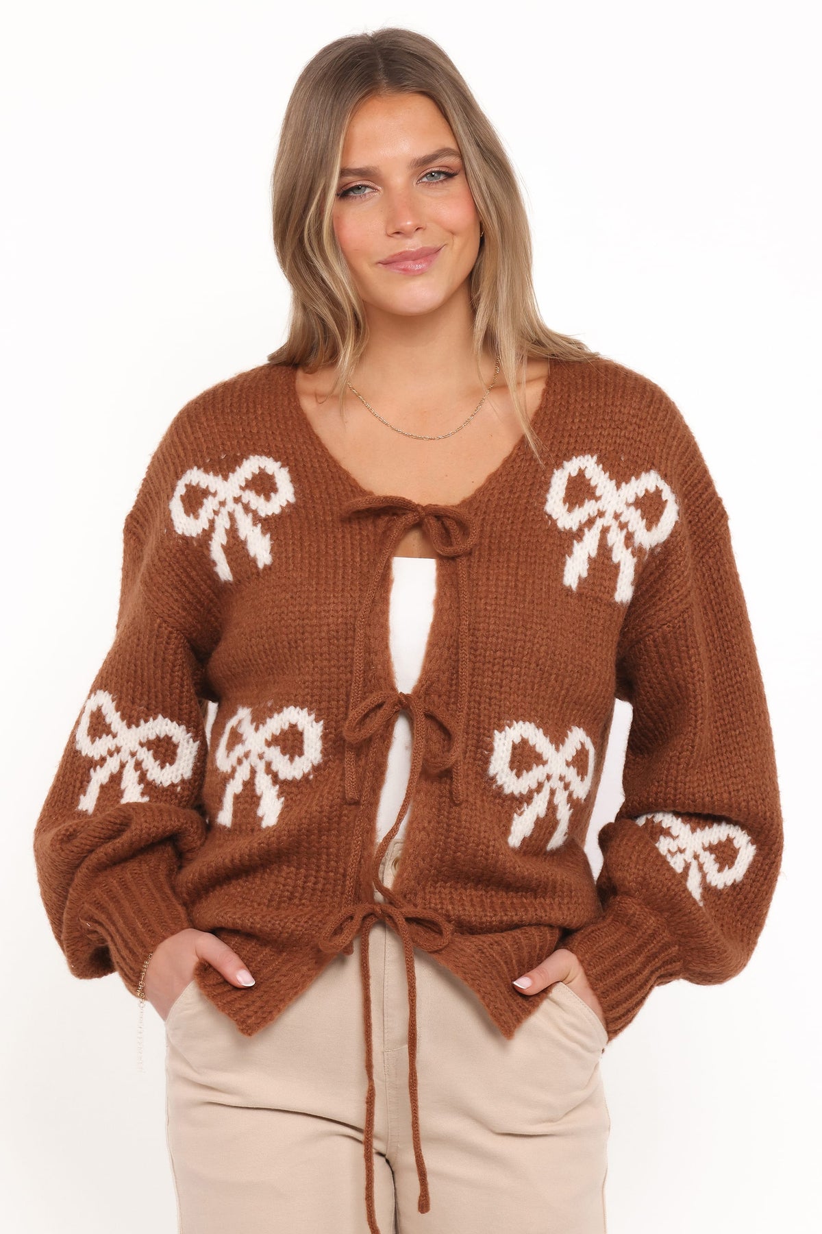 Vienna Bow Cardigan in Camel – view 1 of 6