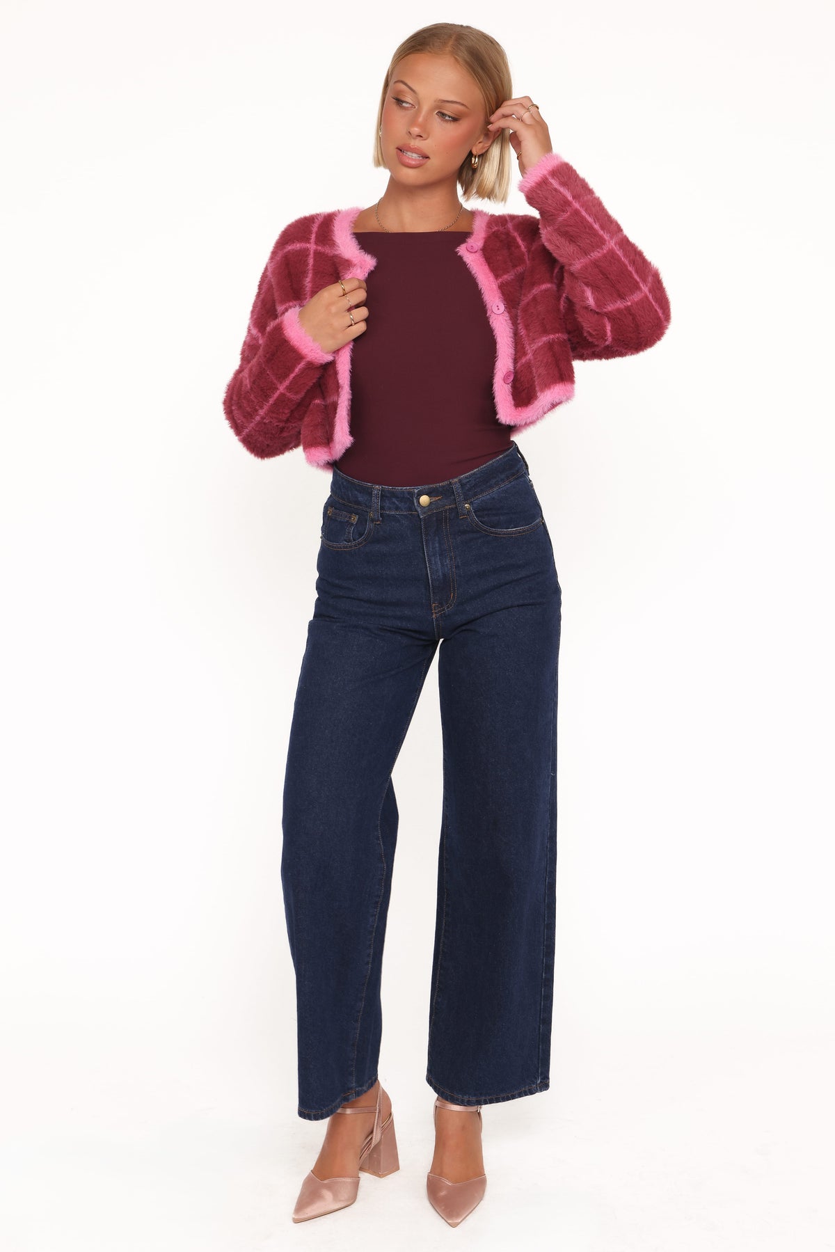 Viola Plaid Button Front Cardigan in Burgundy – view 5 of 8