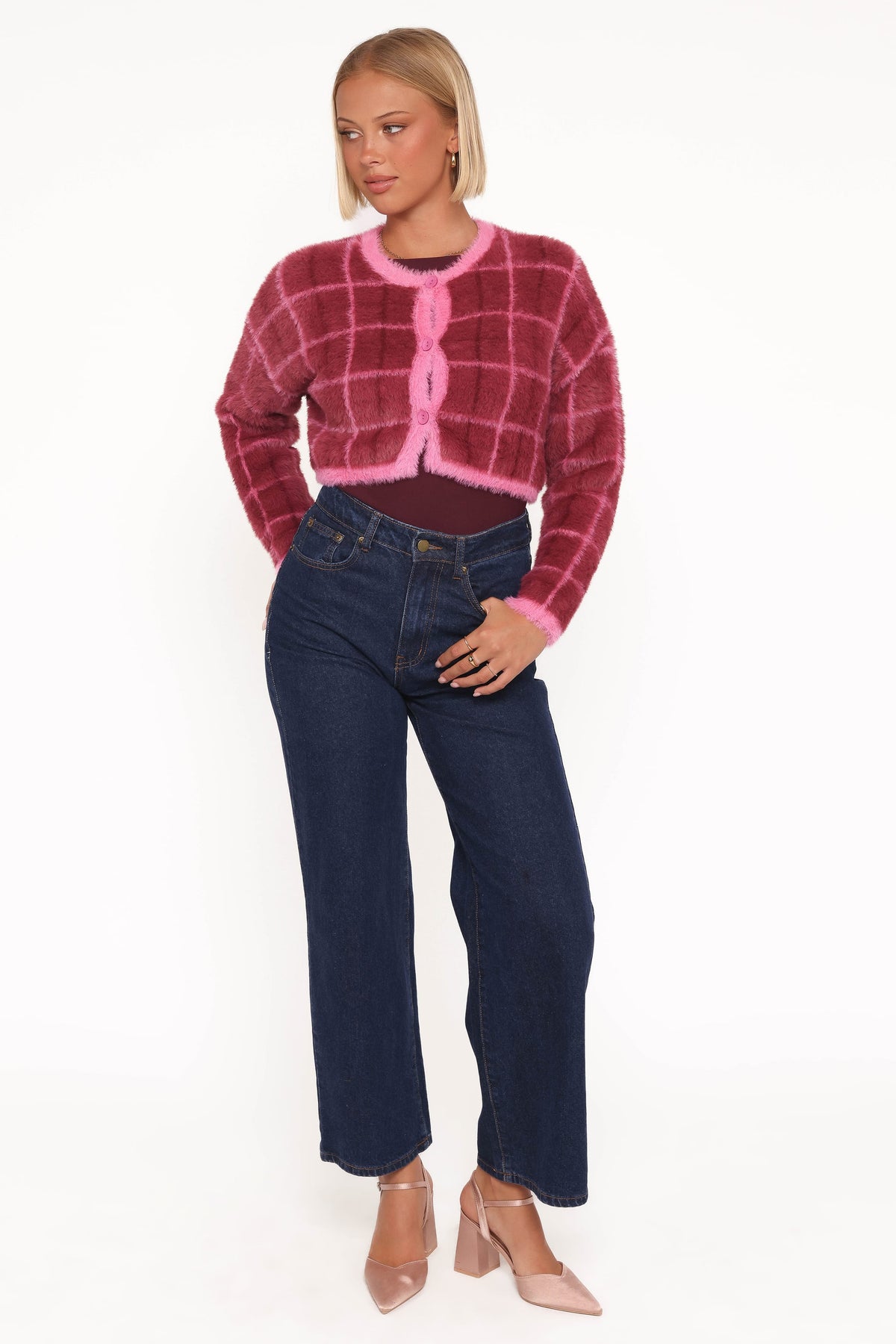 Viola Plaid Button Front Cardigan in Burgundy – view 6 of 8