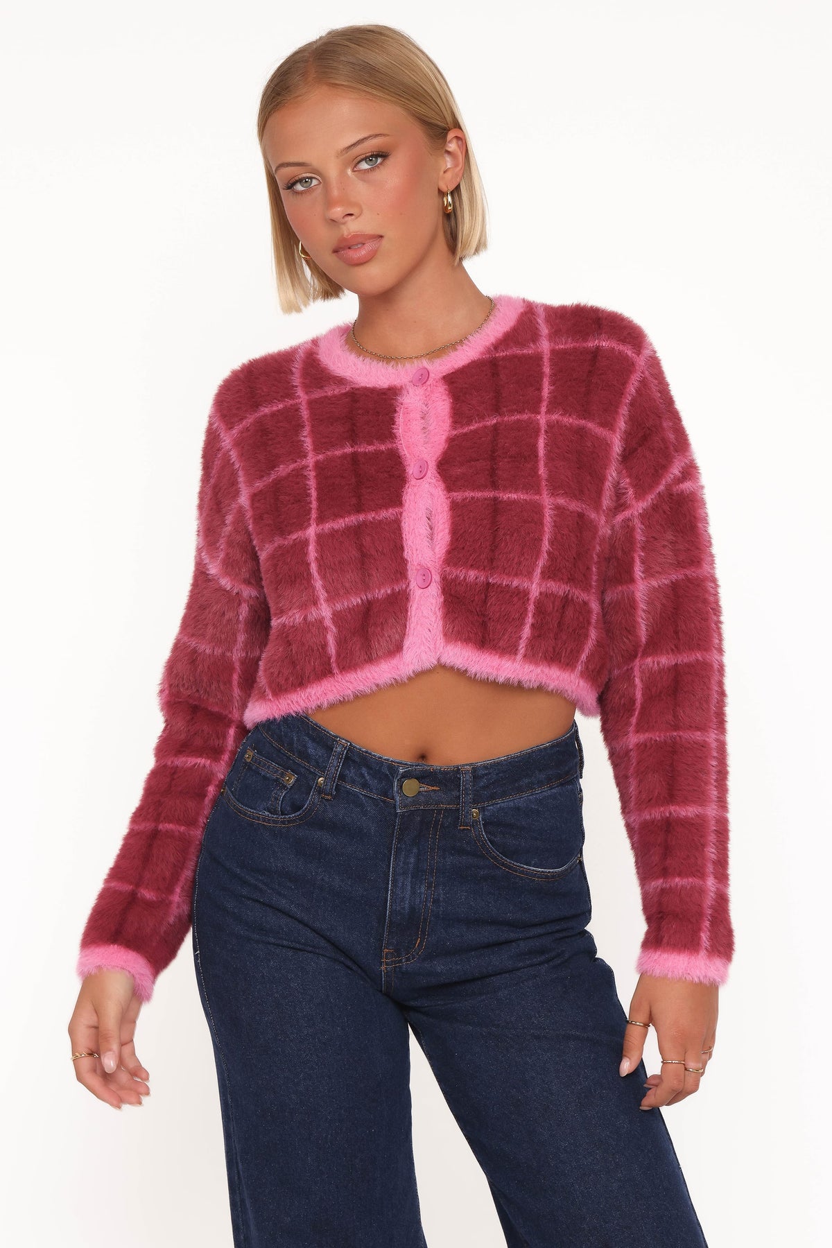 Viola Plaid Button Front Cardigan in Burgundy – view 2 of 8