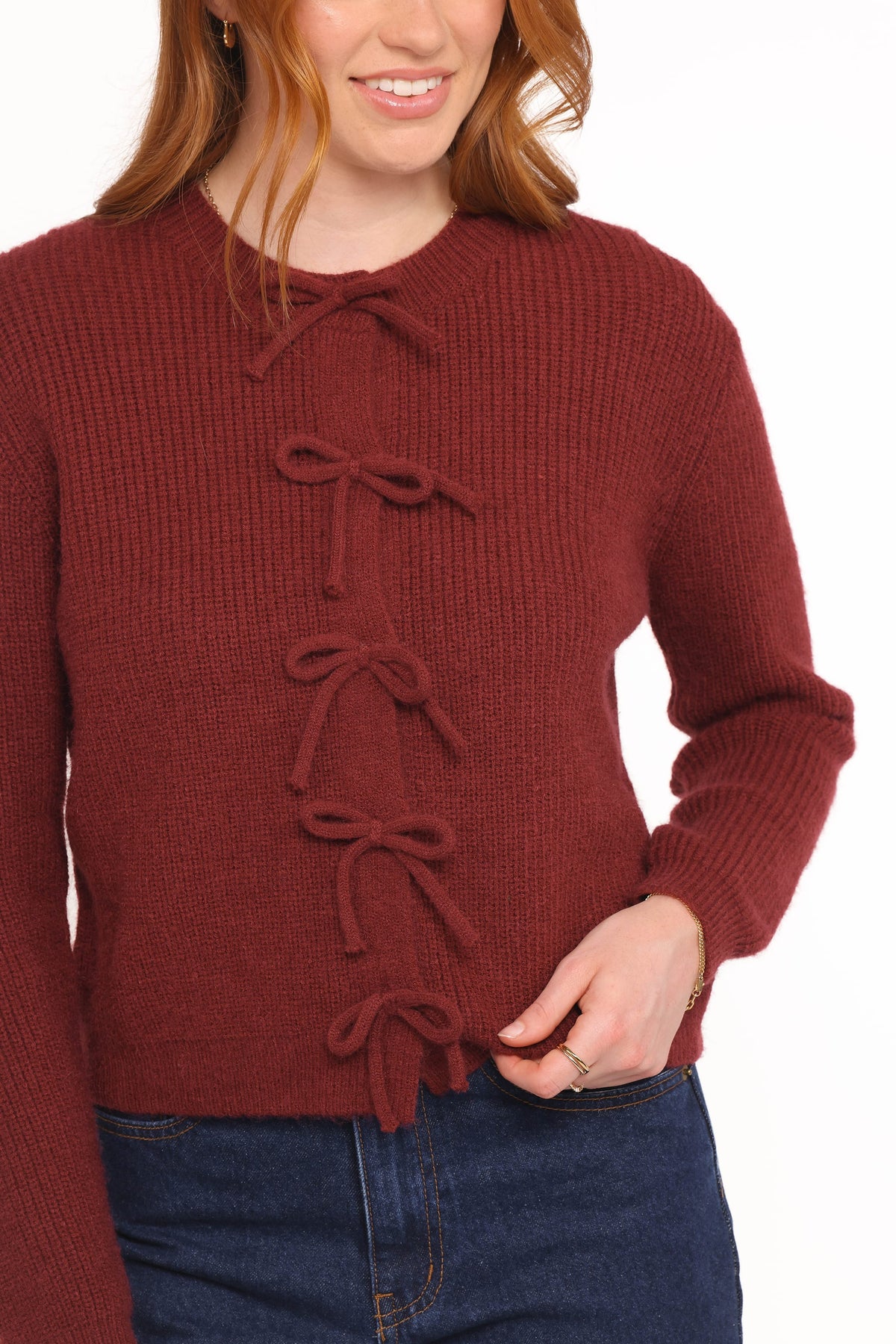 Wilde Bow Front Cardigan in Burgundy – view 2 of 6