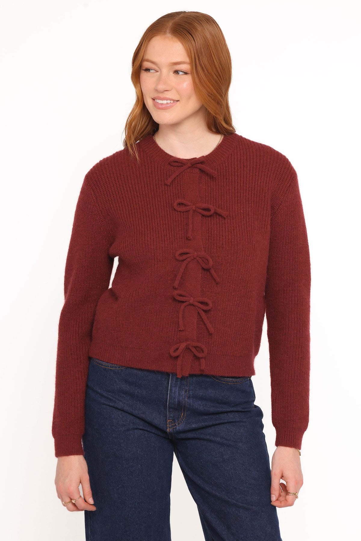 Wilde Bow Front Cardigan in Burgundy – view 1 of 6