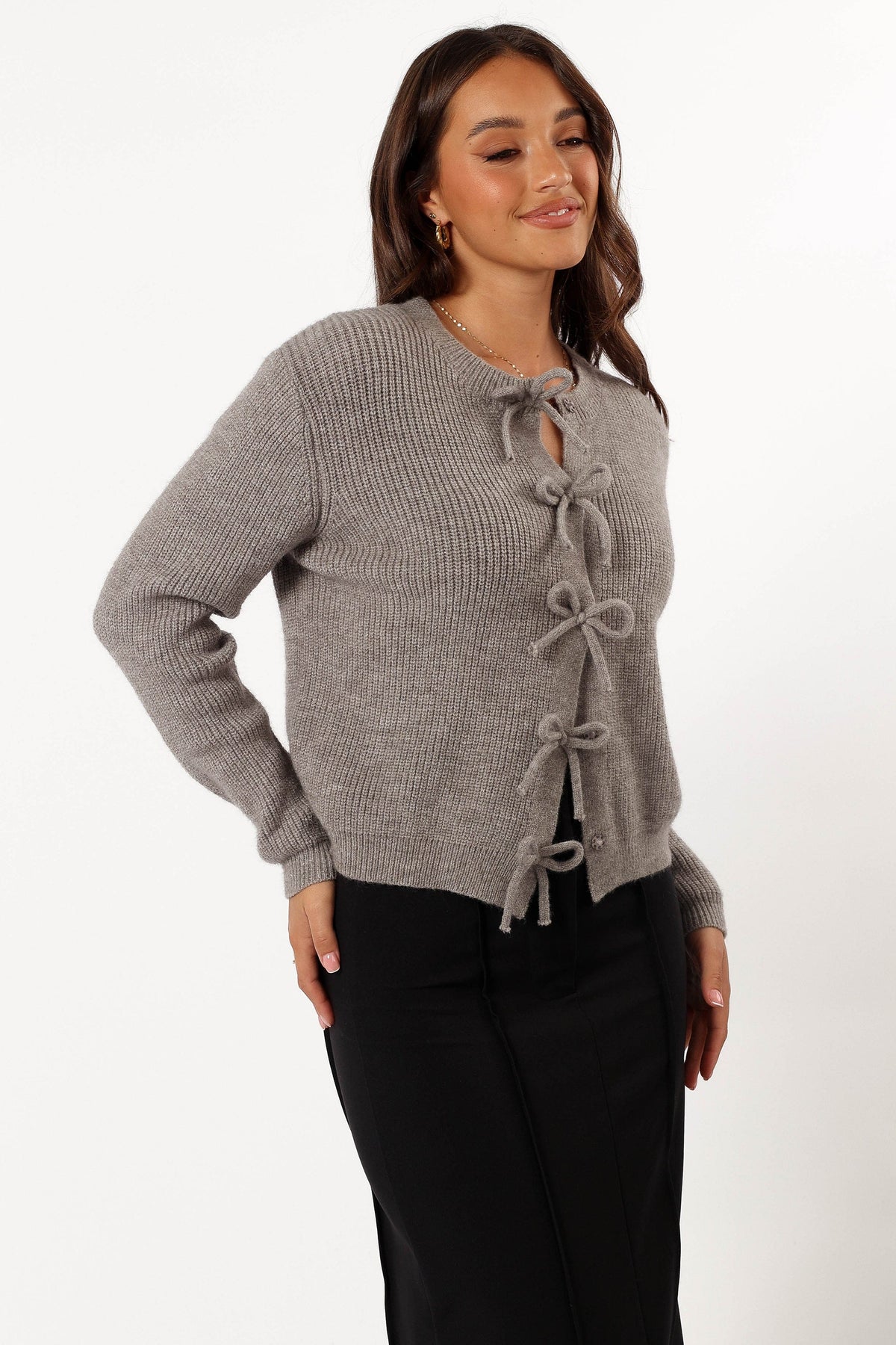 Wilde Bow Front Cardigan in Light Grey – view 7 of 9