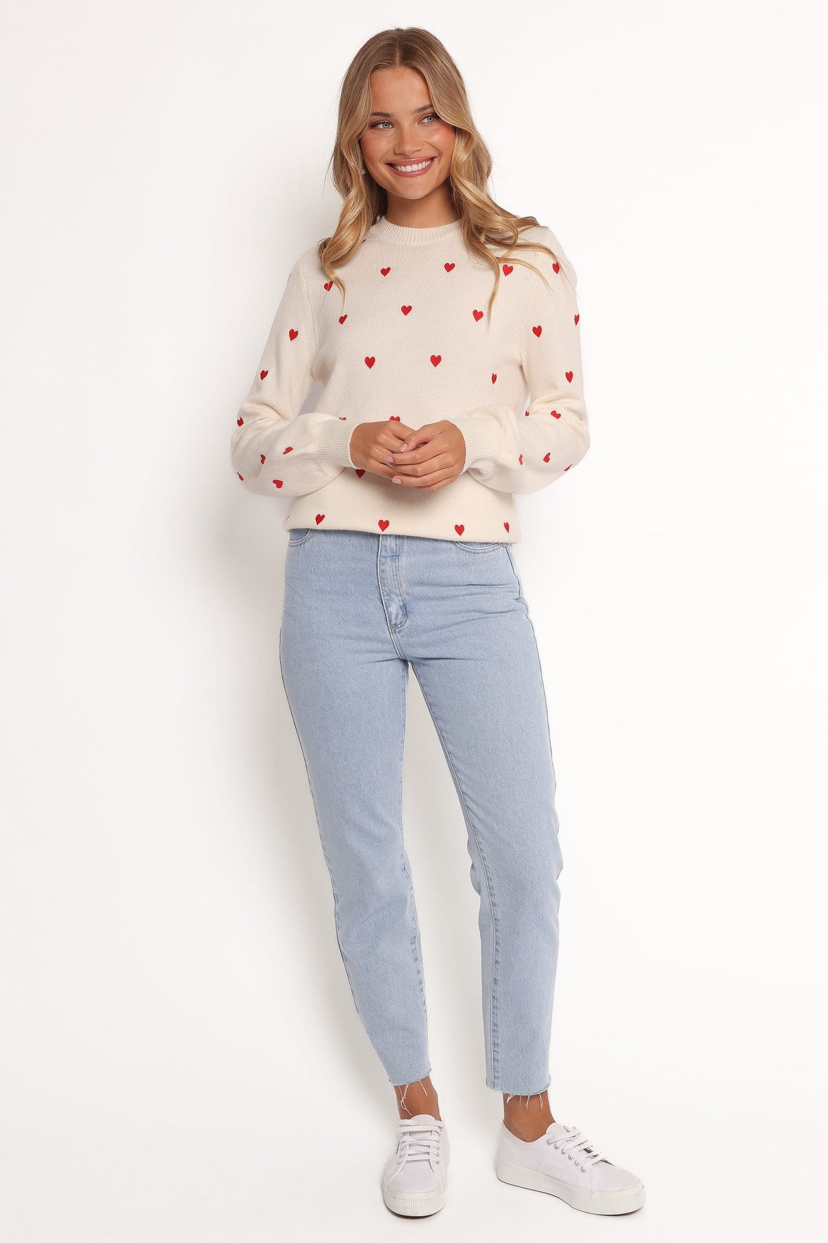 Xadie All Over Mini Heart Sweater in Cream/Red – view 7 of 8