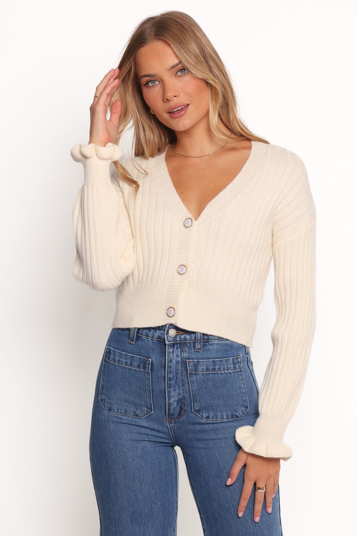 Zana Ribbed Ruffle Cuff Knit Sweater in Cream – view 1 of 6