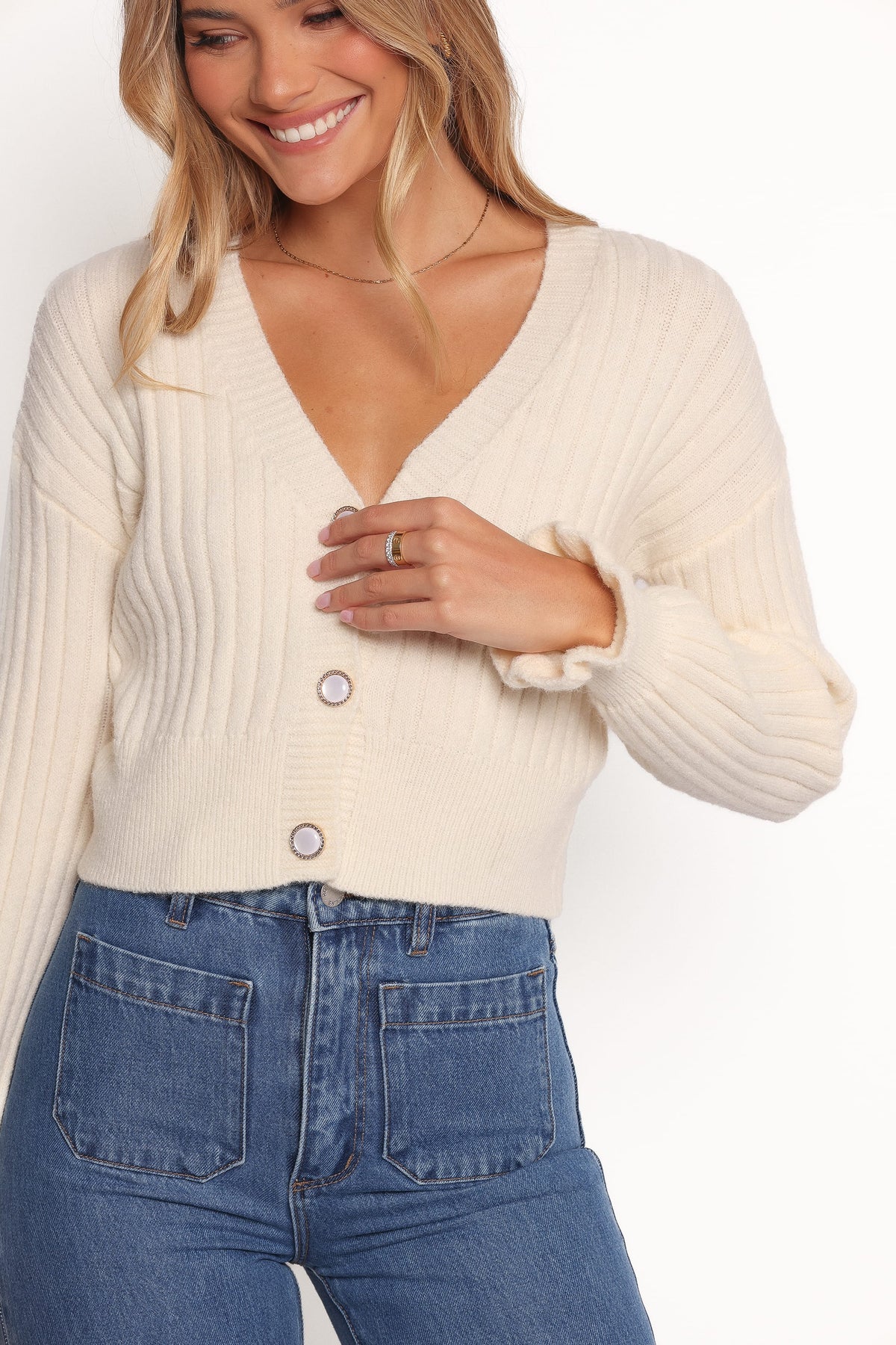 Zana Ribbed Ruffle Cuff Knit Sweater in Cream – view 2 of 6