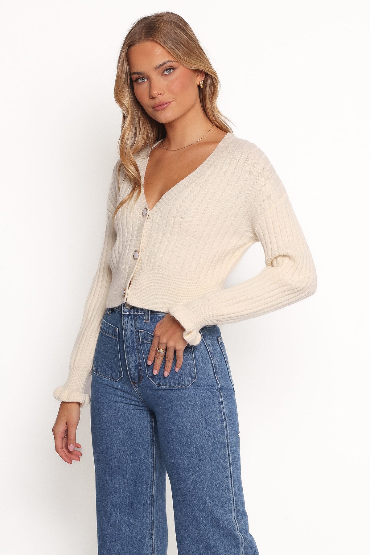 Zana Ribbed Ruffle Cuff Knit Sweater in Cream – view 3 of 6