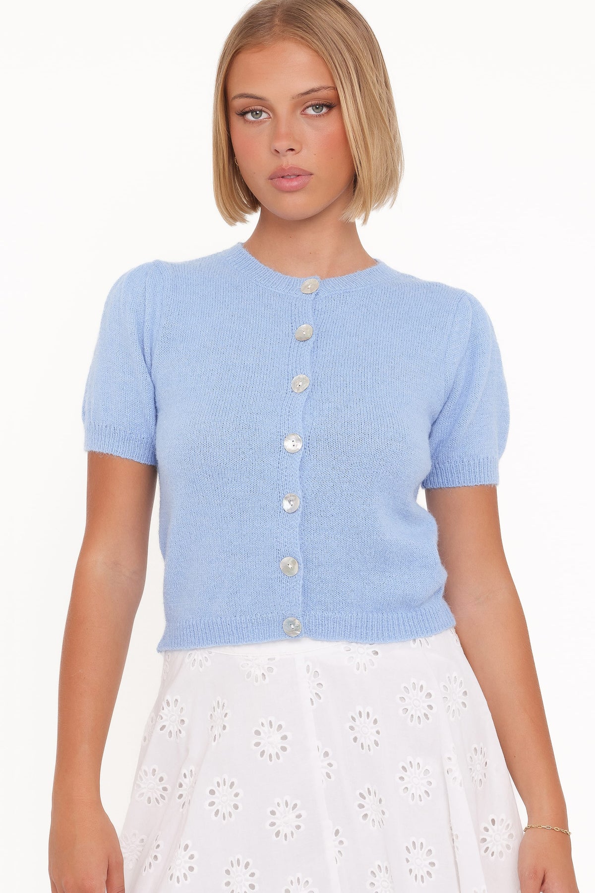 Zena Puff Sleeve Cardigan in Cornflower Blue – view 3 of 8