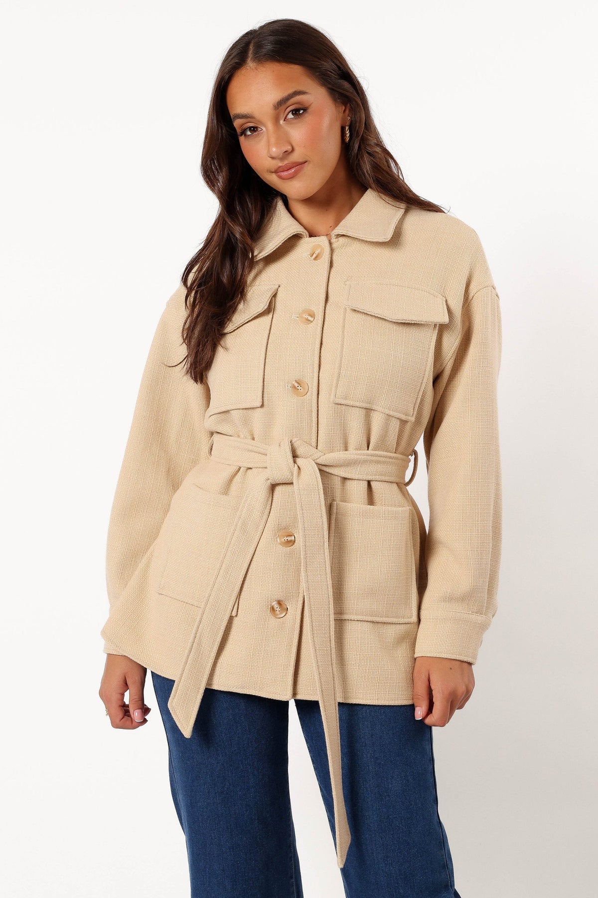 Arlow Tie Front Shacket in Cream – view 3 of 12