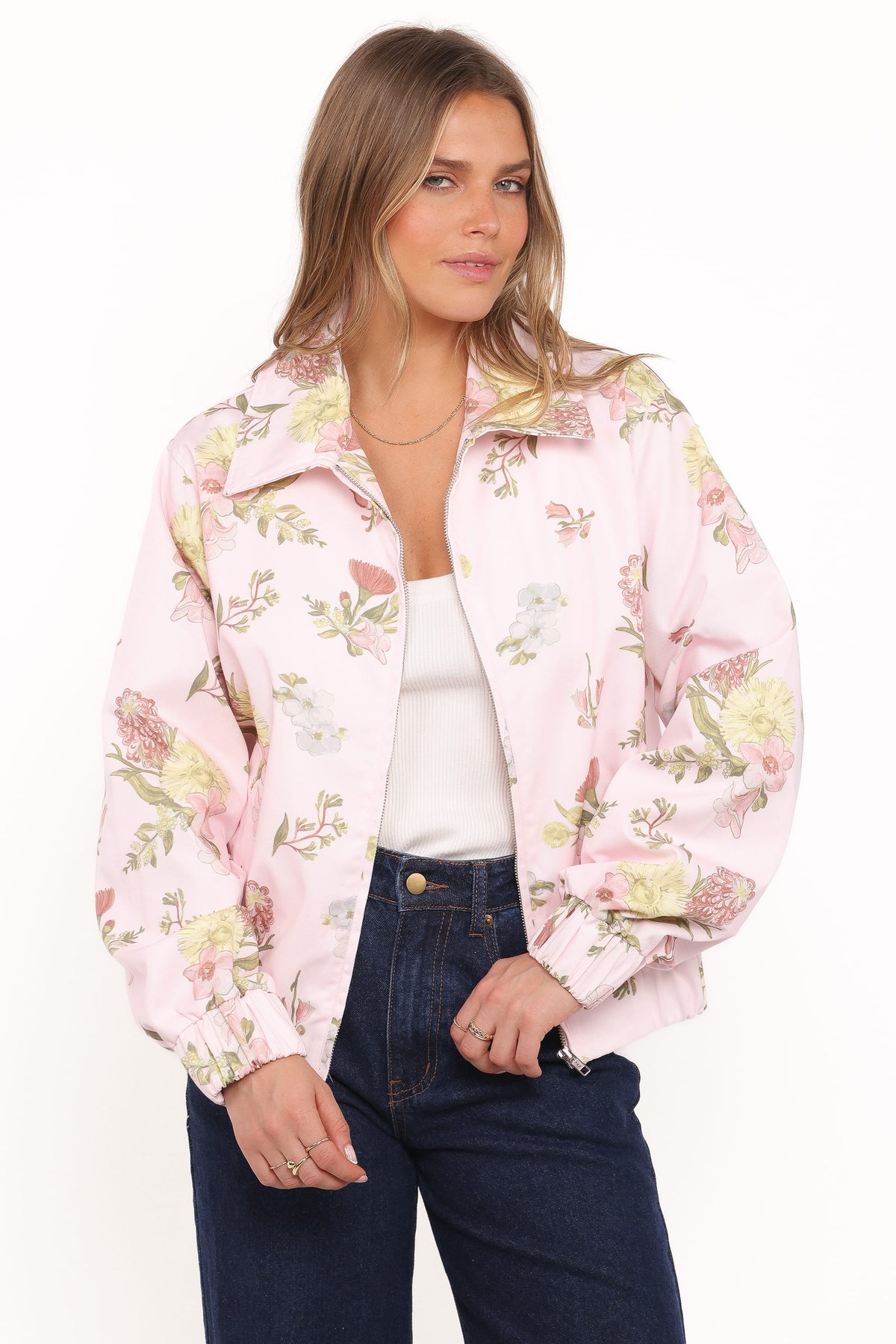 Calvin Floral Twill Zip Jacket in Pale Pink Floral – view 1 of 6