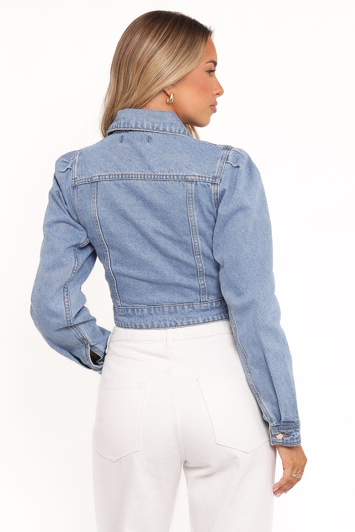 Faven Cropped Denim Jacket in Mid Blue – view 3 of 6